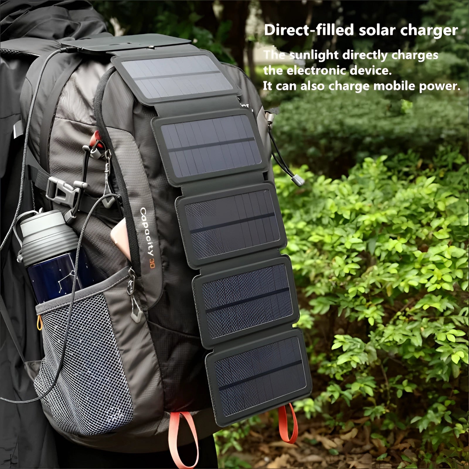 High-capacity solar charging backpack placed on grass with a vehicle and tires in the background, showcasing its eco-friendly and portable design for travel.