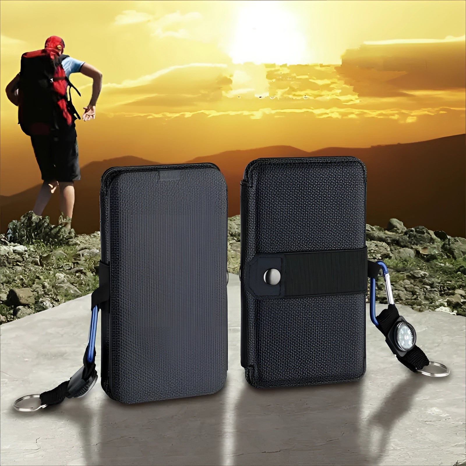 High-capacity solar charging backpack in a travel setting with blue sky and clouds in the background, featuring multiple compartments and eco-friendly design.