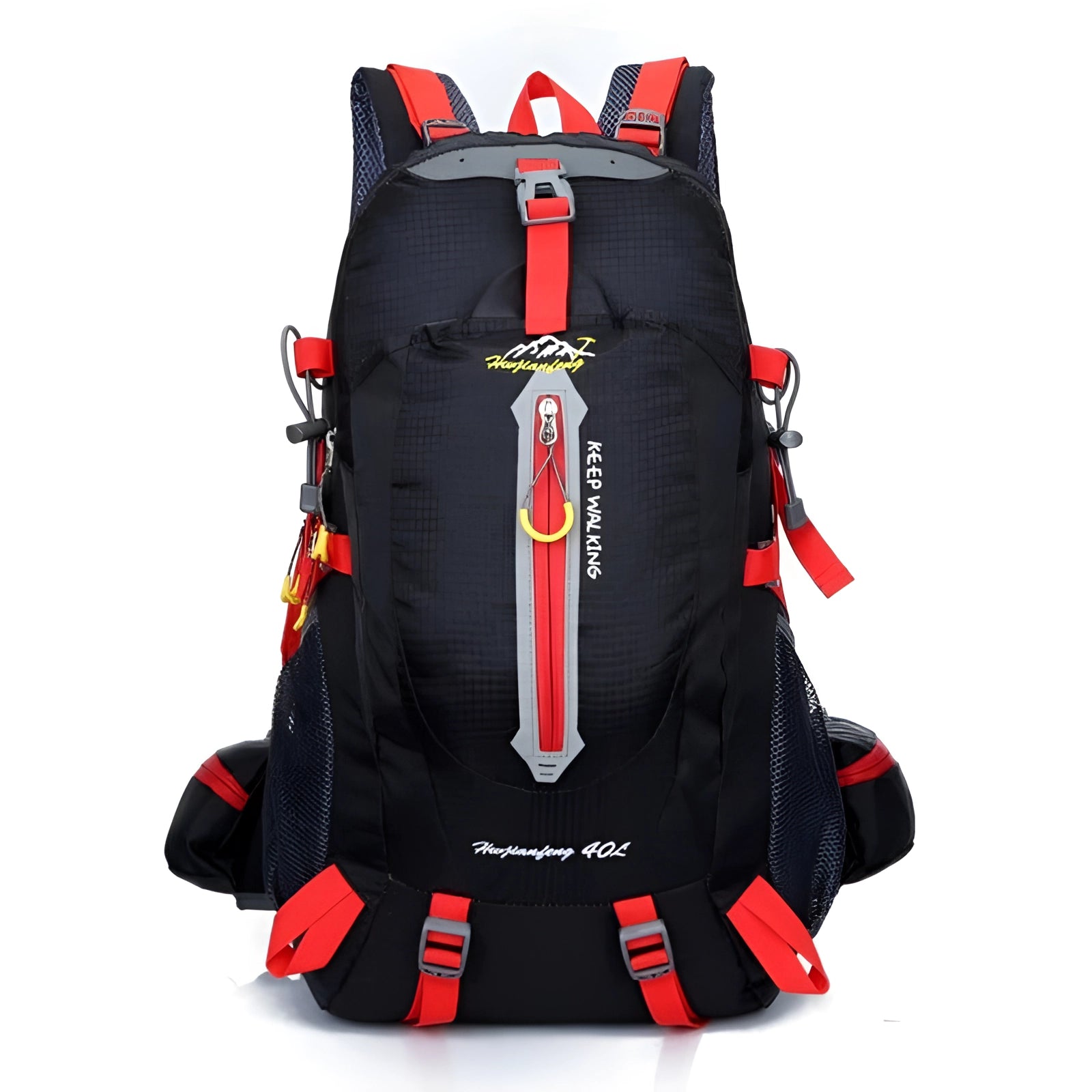 Black and red high-capacity waterproof hiking backpack with reflective safety features, 30-40L capacity.