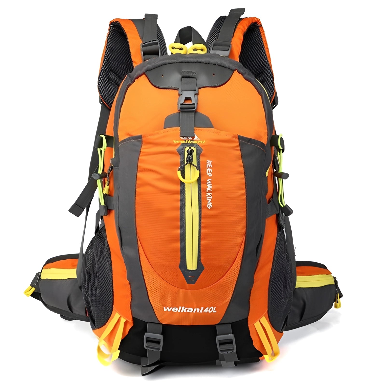 High-capacity orange hiking backpack with reflective safety features, waterproof material, and 30-40L storage capacity.