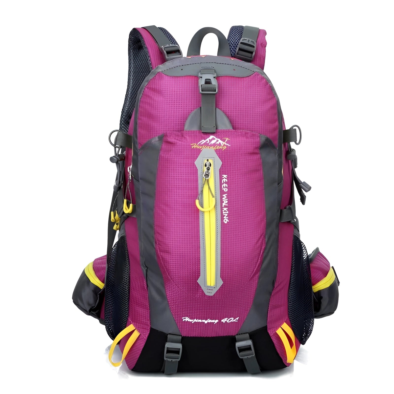 High-capacity waterproof pink hiking backpack with reflective safety features, 30-40L size, suitable for outdoor activities.