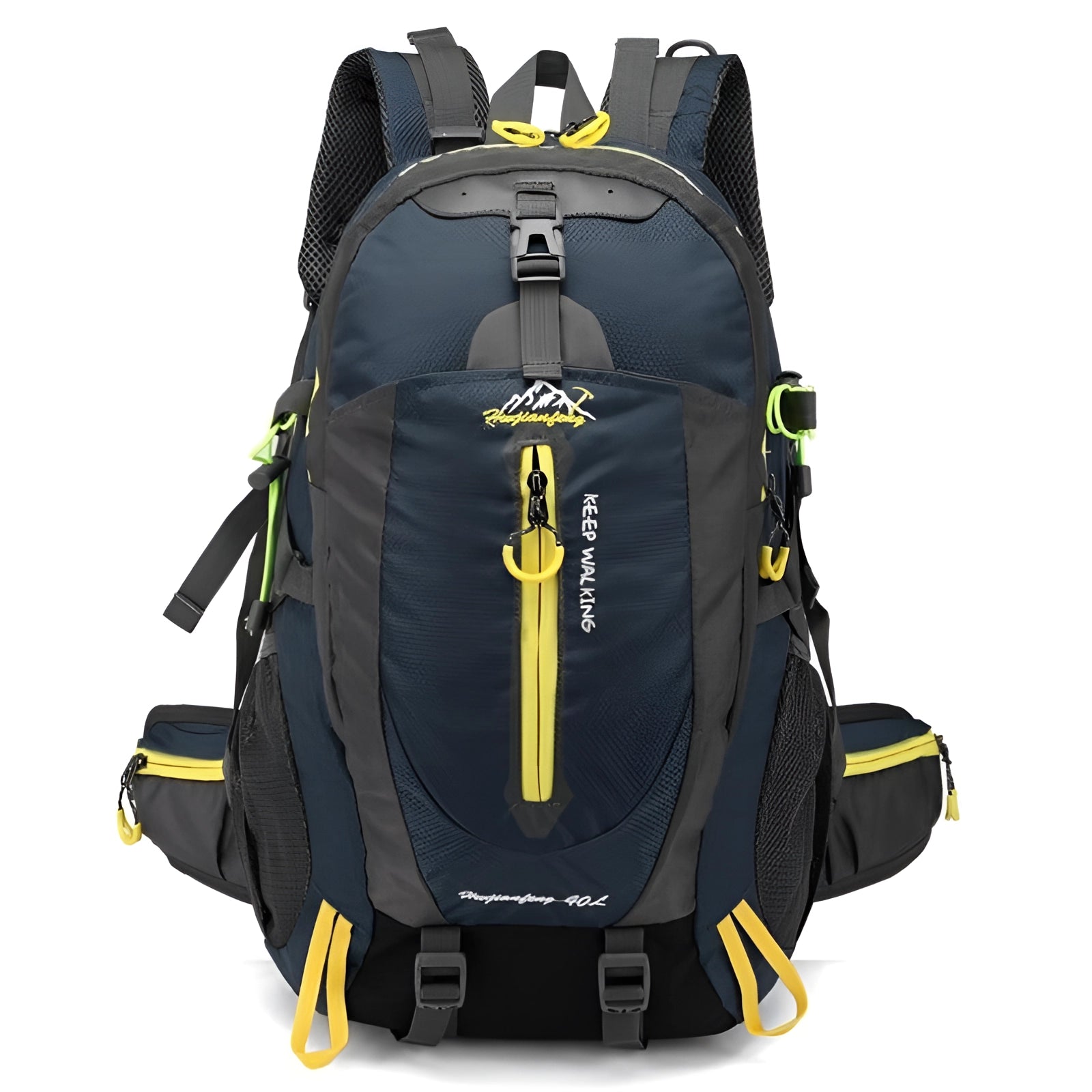 High-capacity waterproof electric blue hiking backpack with reflective safety features.