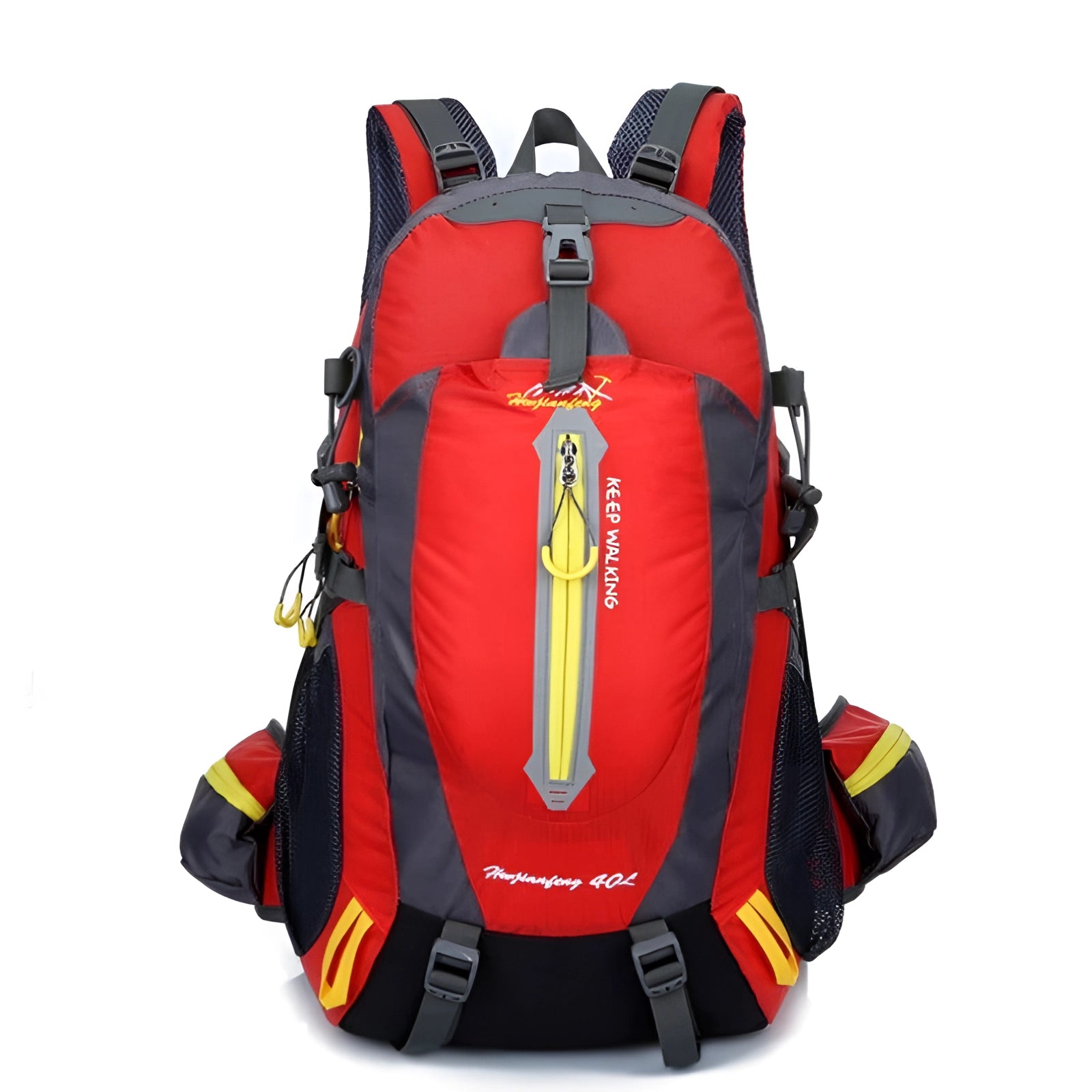 Red high-capacity waterproof hiking backpack with reflective safety features, 30-40L, displayed against a plain background.