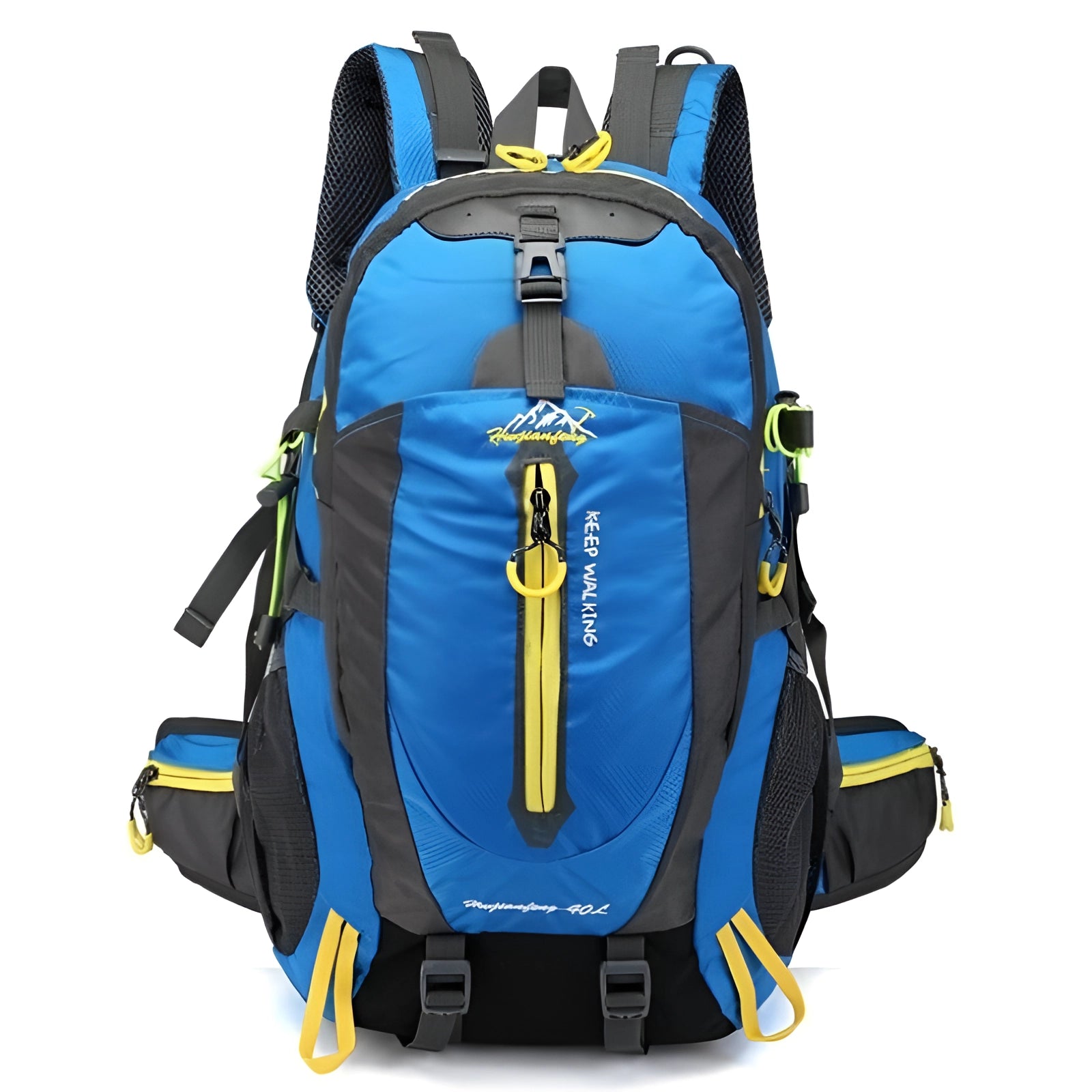 Blue high-capacity waterproof hiking backpack with reflective safety features, 30-40L size.