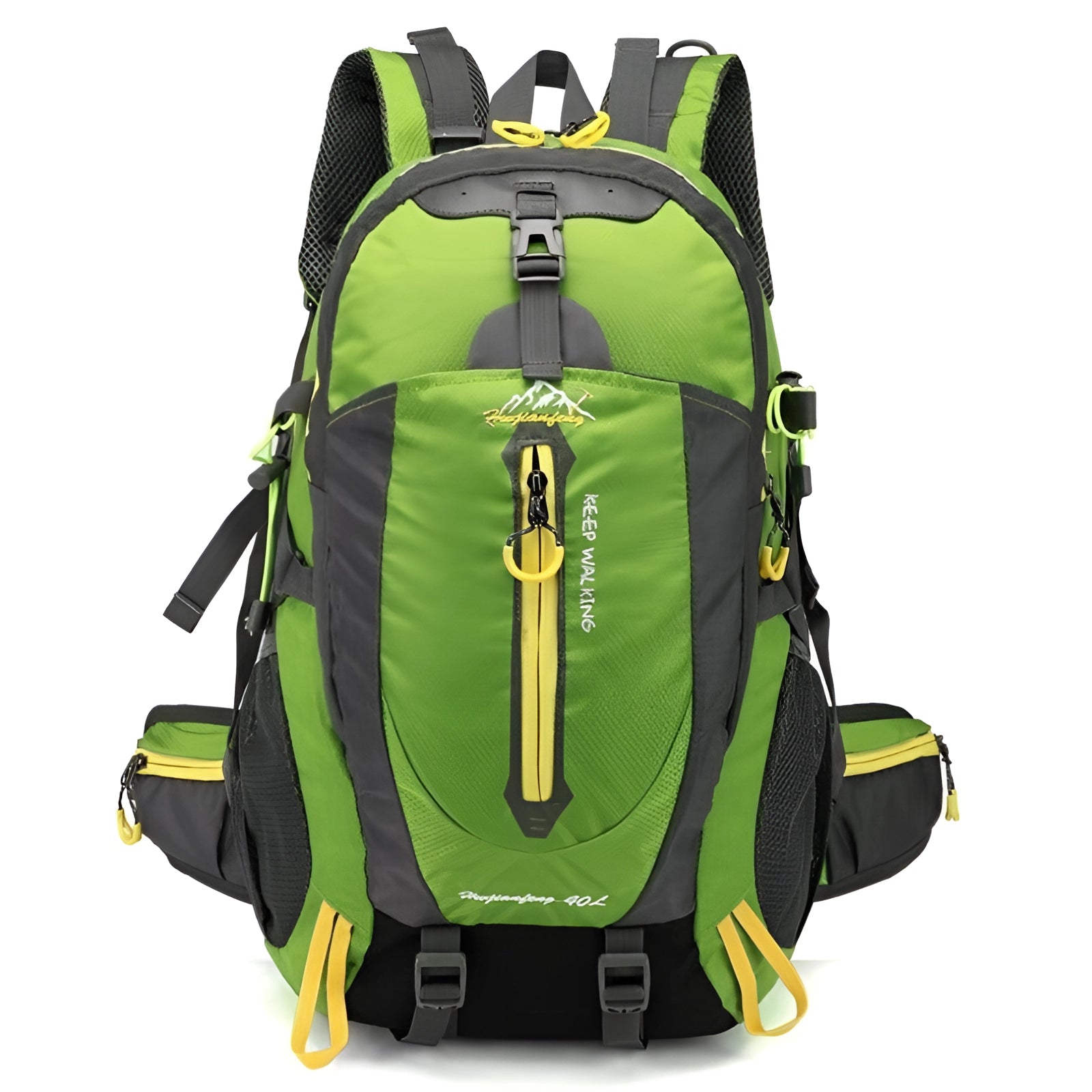 Green high-capacity waterproof hiking backpack with reflective safety features, 30-40L.