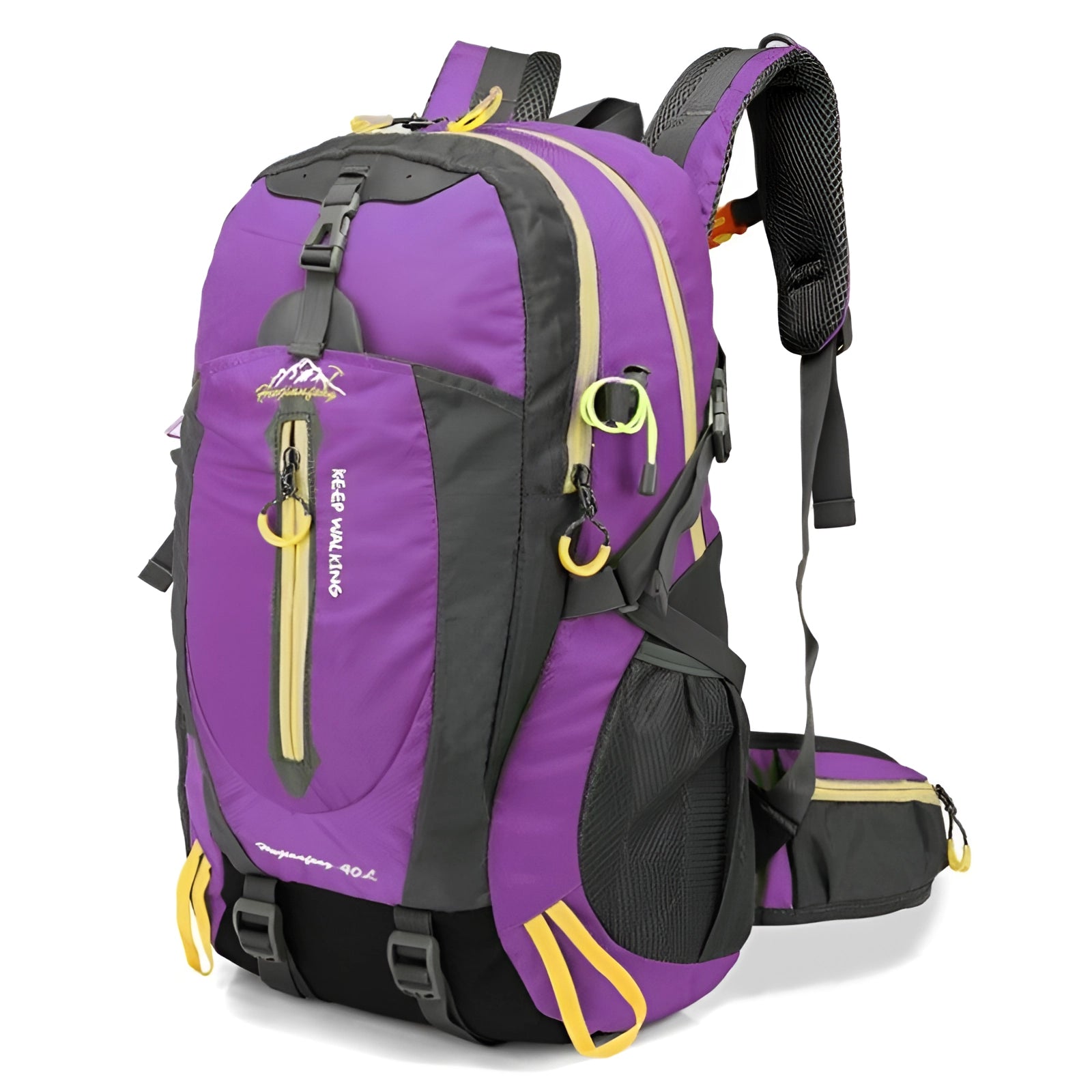 Purple high-capacity waterproof hiking backpack with reflective safety features, 30-40L size, suitable for sports and outdoor activities.