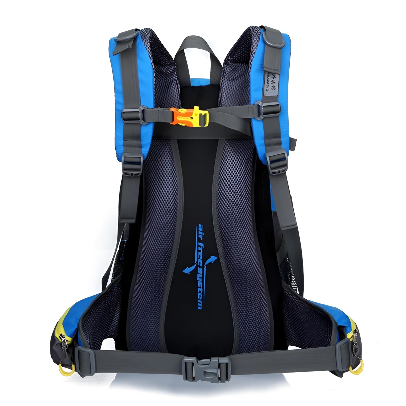 High-Capacity Waterproof Hiking Backpack with Reflective Safety Features in Electric Blue, displayed with various outdoor trekking gear.