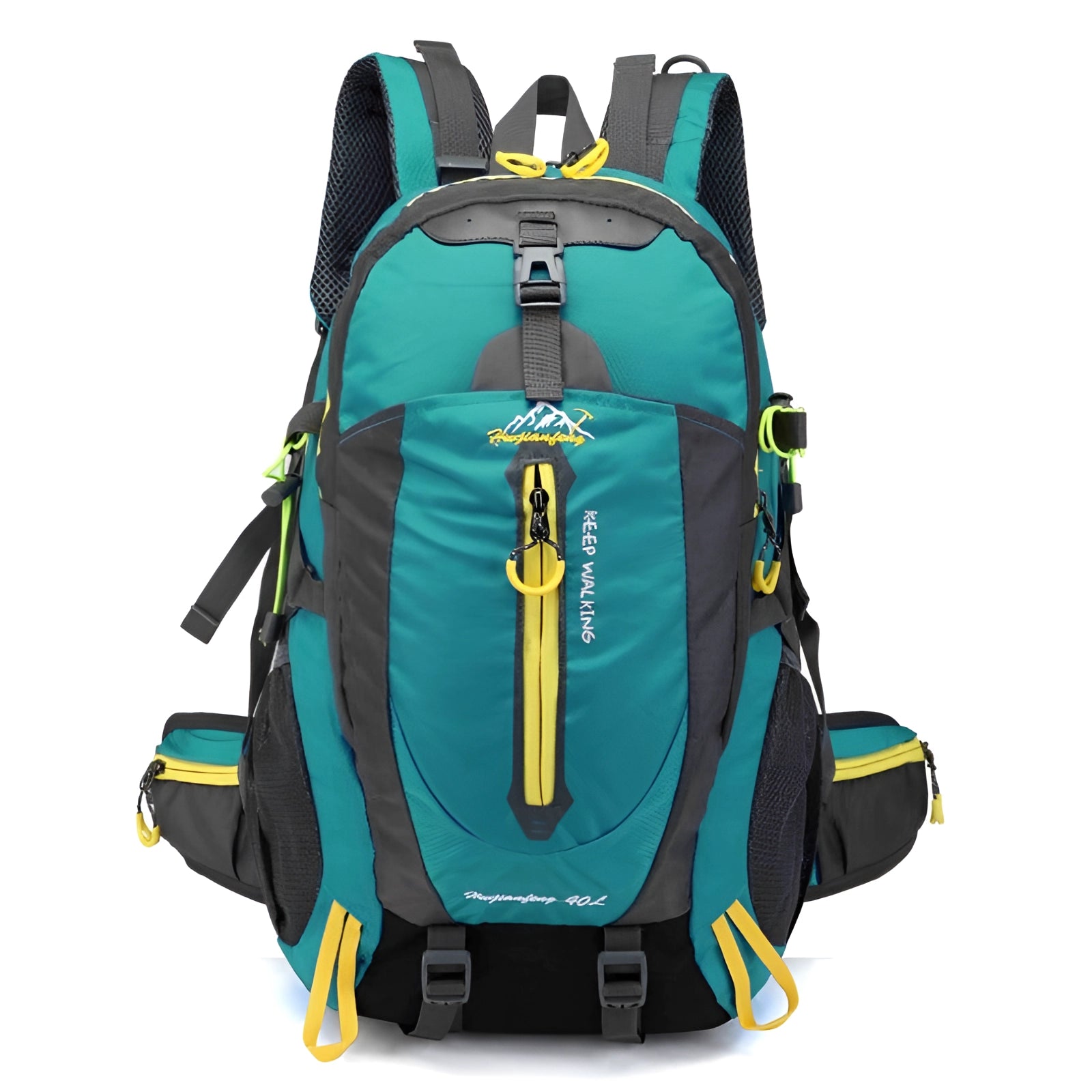 Teal high-capacity waterproof hiking backpack with reflective safety features, 30-40L, shown from front angle with visible logo.