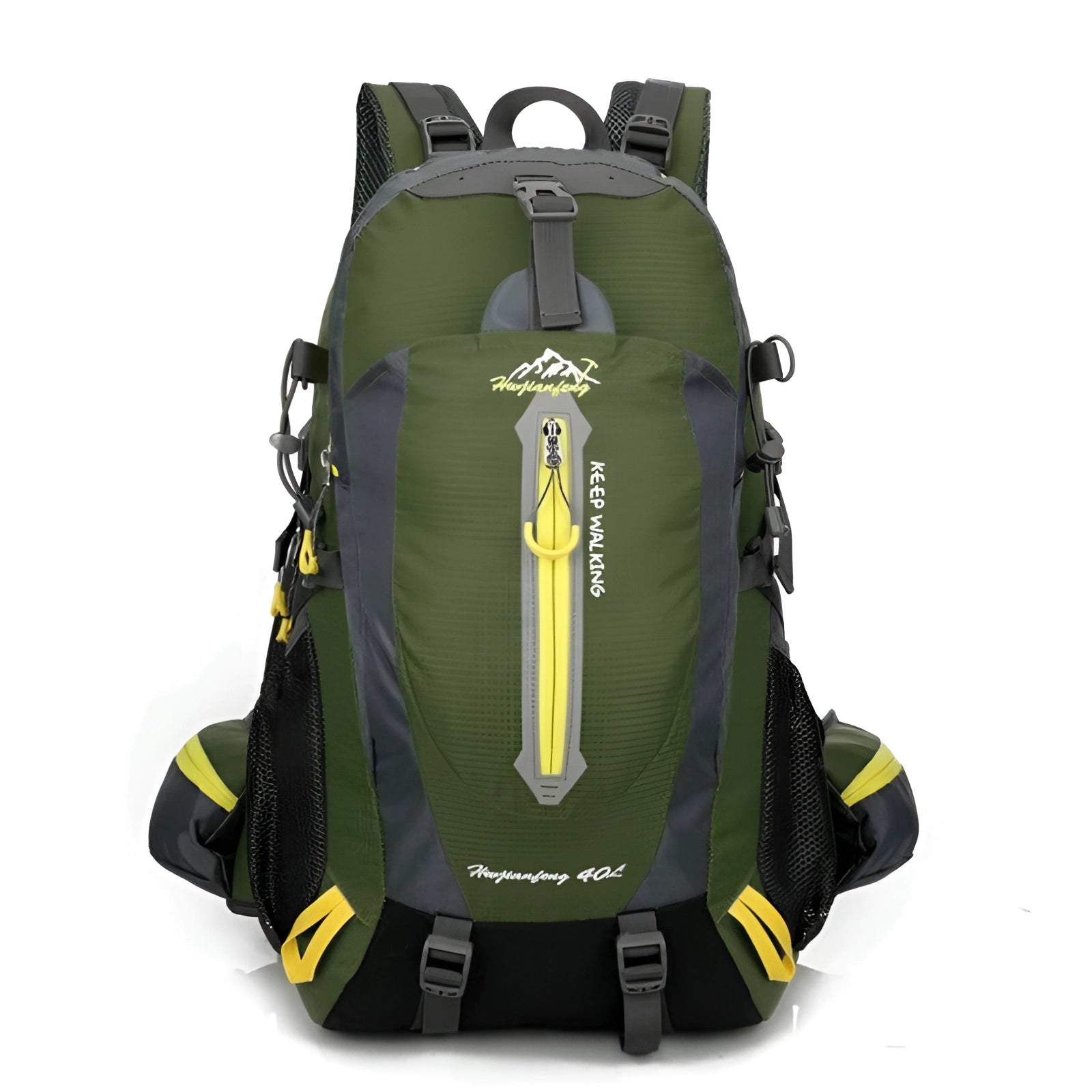 High-Capacity Waterproof Hiking Backpack in Army Green, 30-40L, with Reflective Safety Features and multiple compartments.