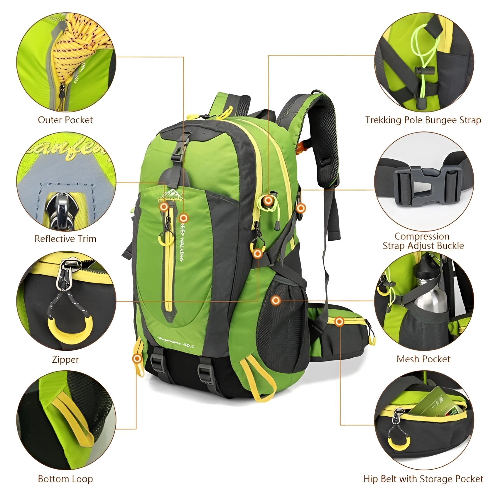 A green high-capacity waterproof hiking backpack featuring reflective safety elements, with logos and graphics.