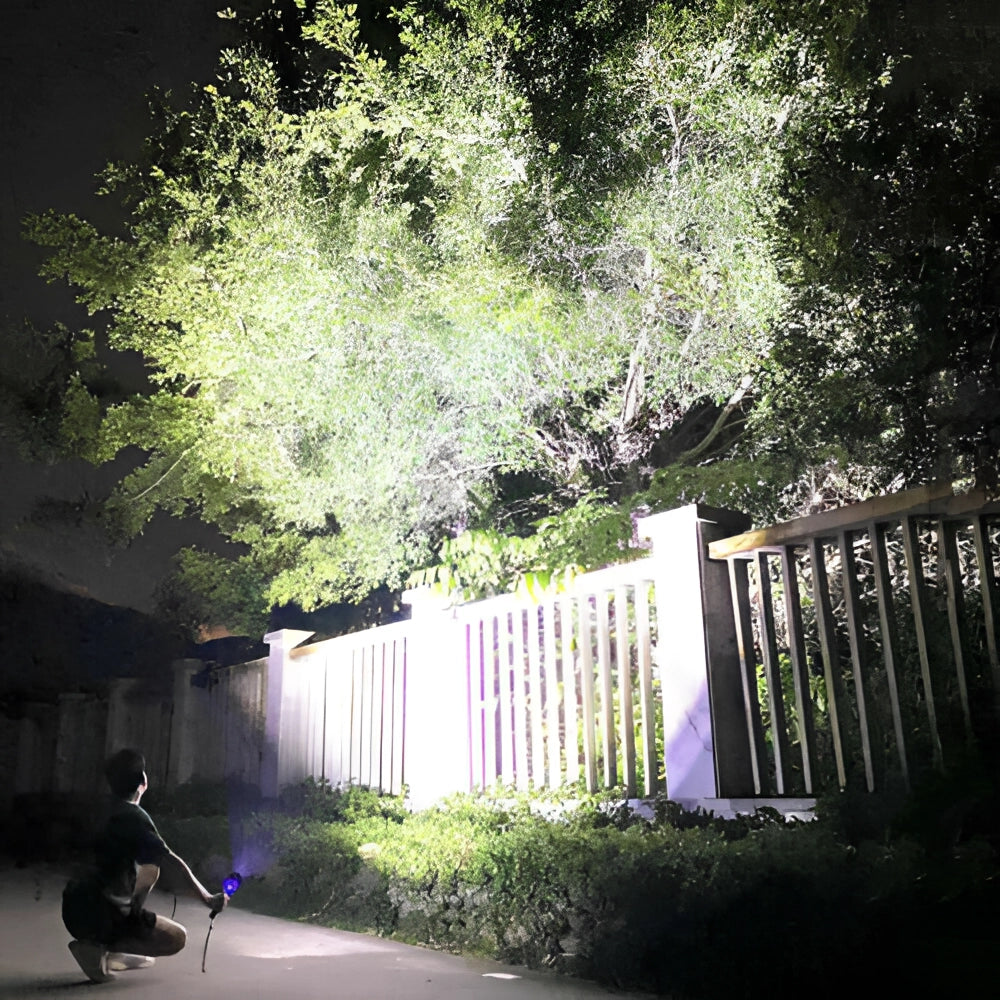 High-Power Weather-Resistant LED Floodlights illuminating an outdoor area with a fence, grass, plants, and trees in view.