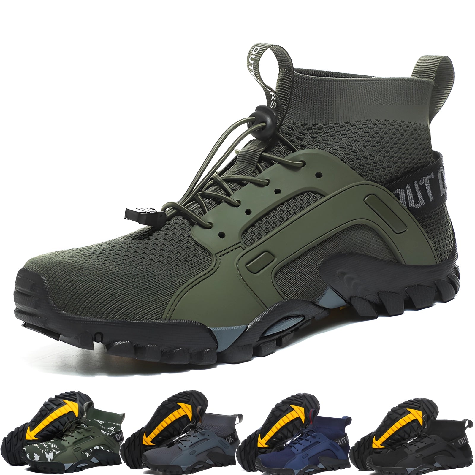 High-Top Lightweight Tactical Boots in black and grey, featuring a breathable design, slip-resistant soles, and quick-dry material, suitable for outdoor activities and walking.