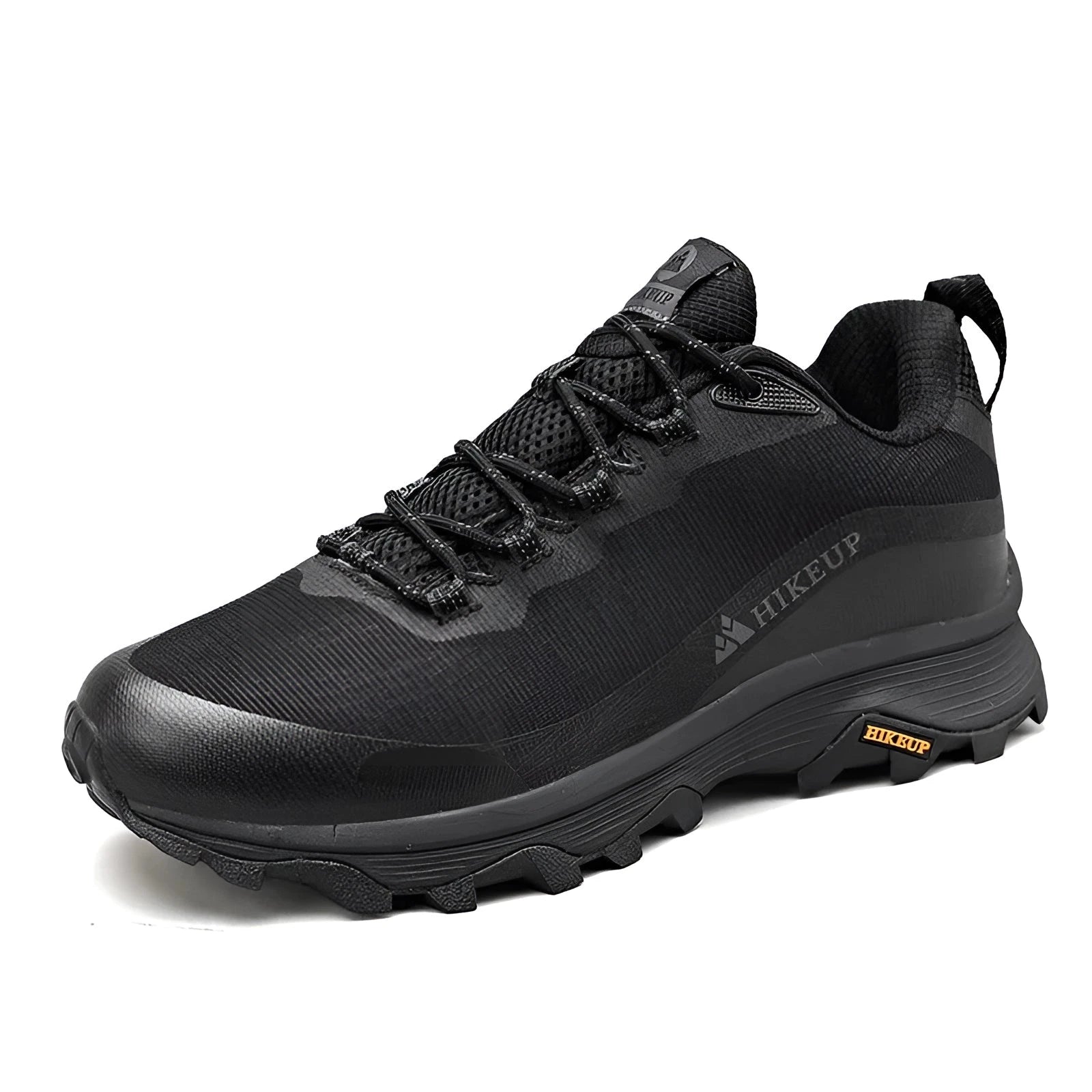 Black HikeUp Breathable Waterproof Outdoor Running Shoes, size 42, featuring an anti-skid synthetic rubber sole, lightweight design, suitable for hiking and running.