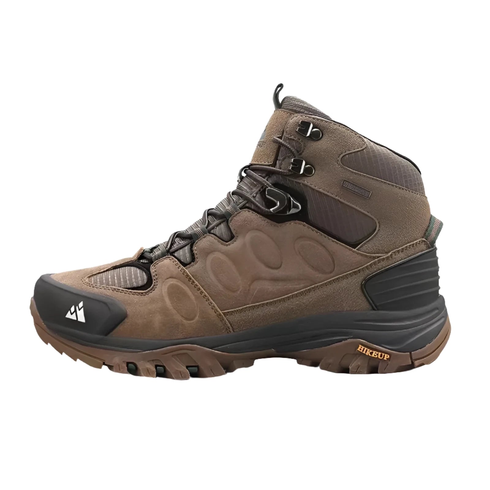 HikeUp Men's Insulated Waterproof Winter Hiking Boots in Fur-Brown, Size 42, featuring anti-slip soles and ankle support, designed for outdoor activities.