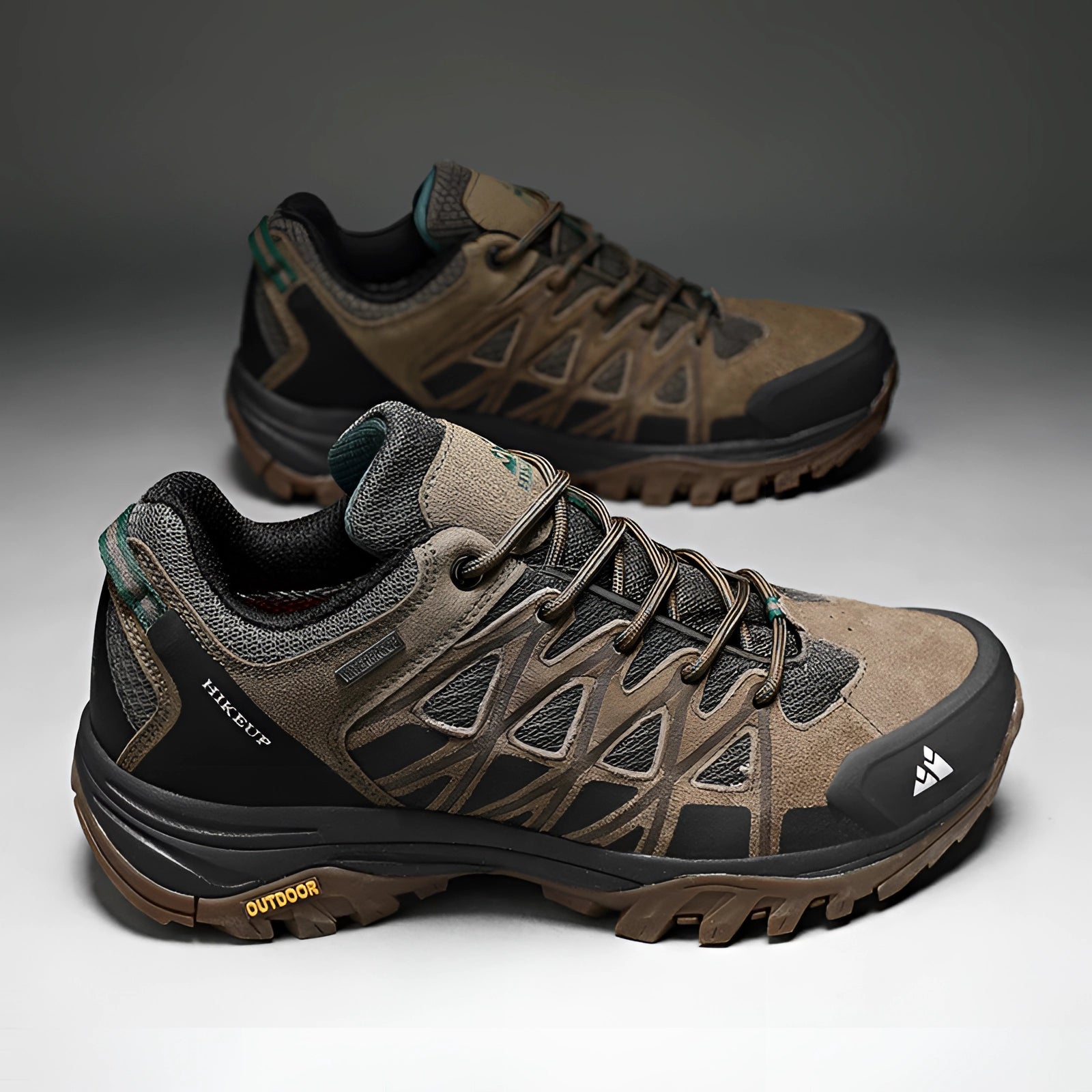 HikeUp Men's Waterproof Hiking Shoes in grey, designed to be breathable, lightweight, and anti-slip, ideal for outdoor activities and cross-training.