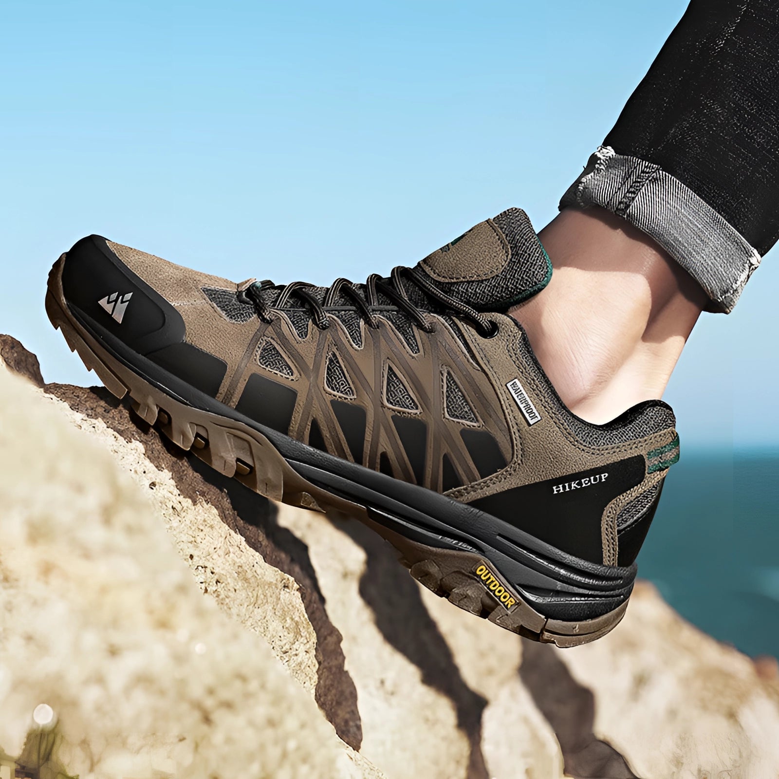 HikeUp Men's Waterproof Hiking Shoes - Breathable, Lightweight, Anti-Slip worn by a person, showing the shoe's design and fit amidst an outdoor setting.