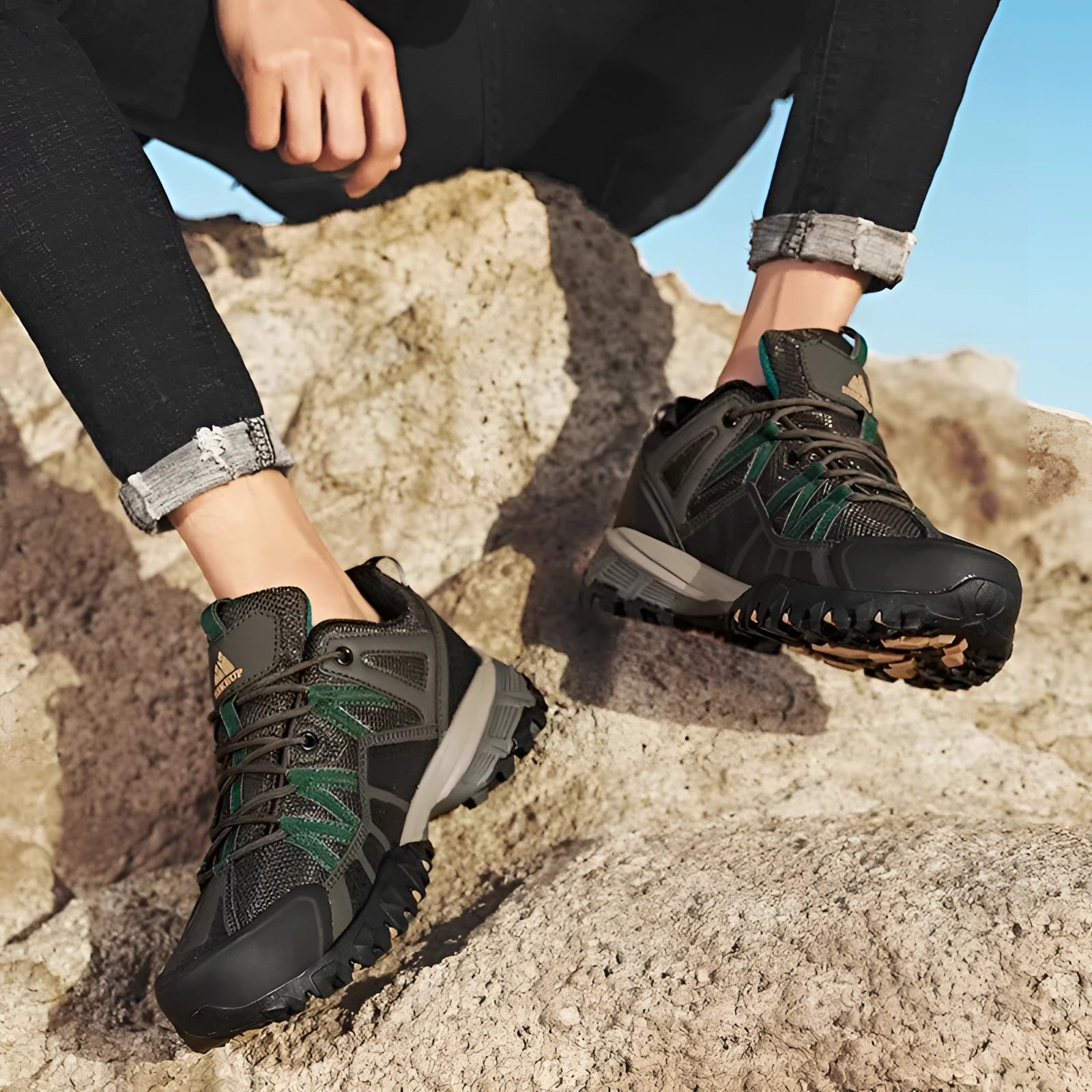 HikeUp Men's Waterproof Hiking Shoes worn by a person walking on grass in a natural outdoor setting. The shoes are durable, anti-slip, and lightweight, ideal for outdoor adventures.