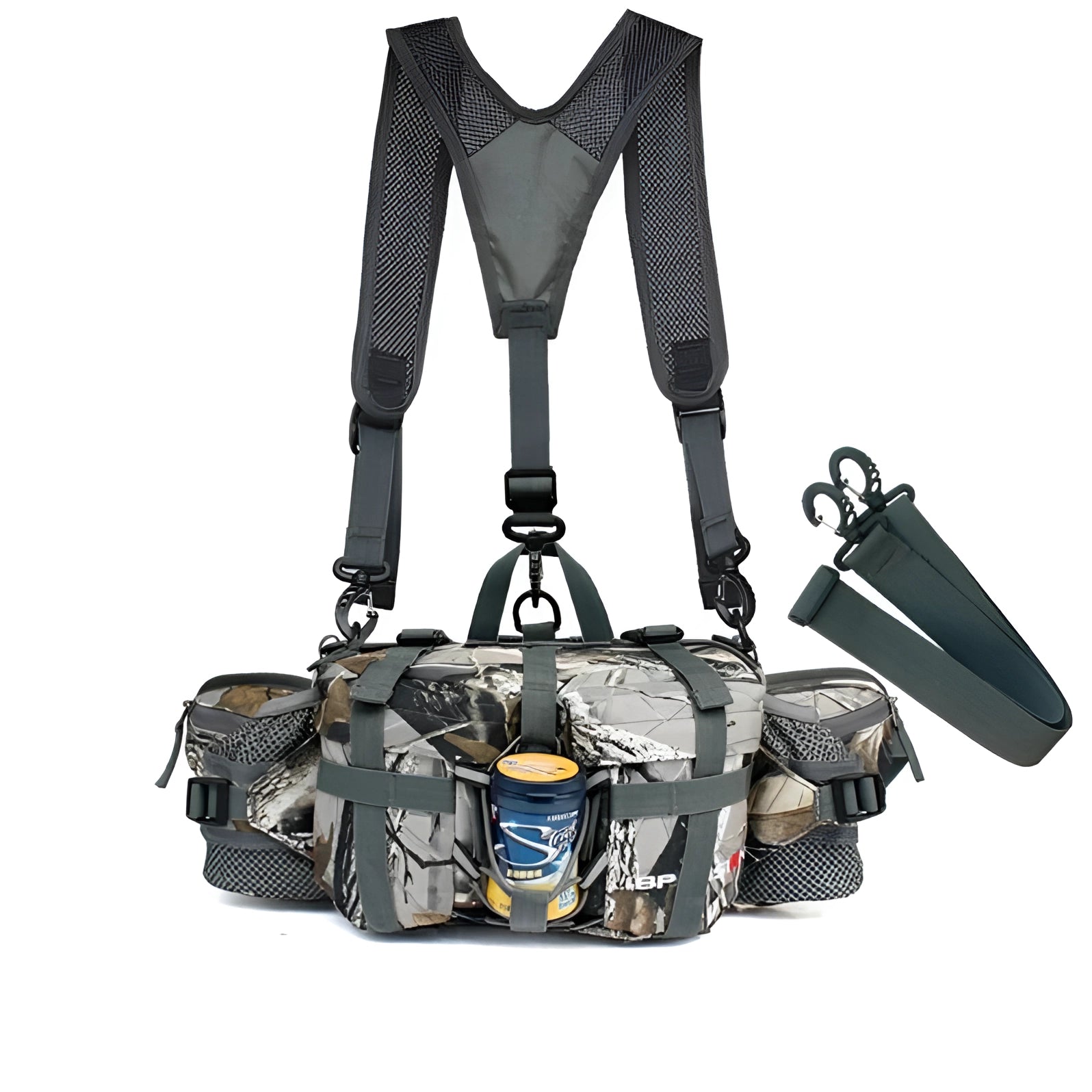 Camo patterned insulated multi-pocket fishing bag with cooler and adjustable strap.