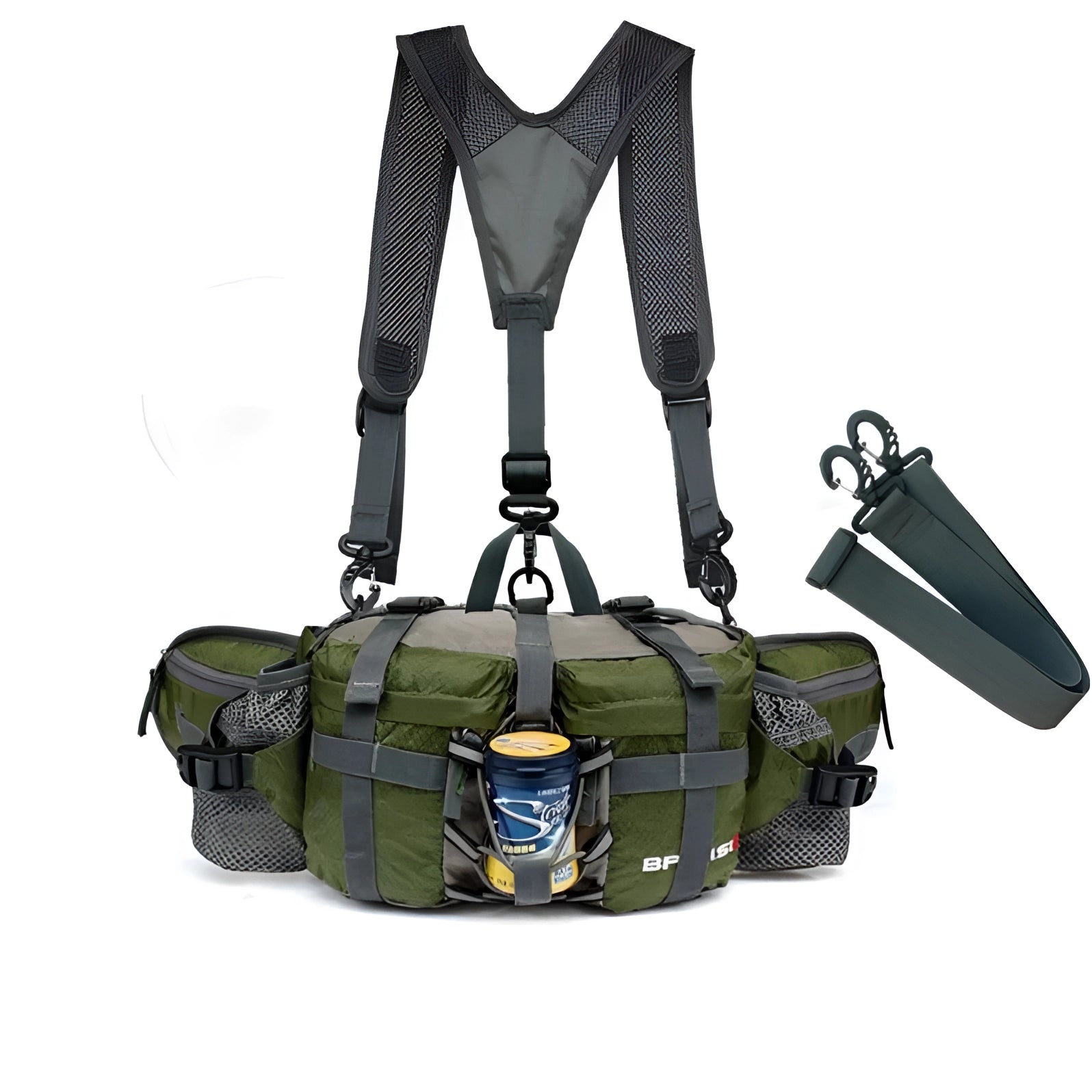 Army green insulated multi-pocket fishing bag with cooler, adjustable strap, and military camouflage design.