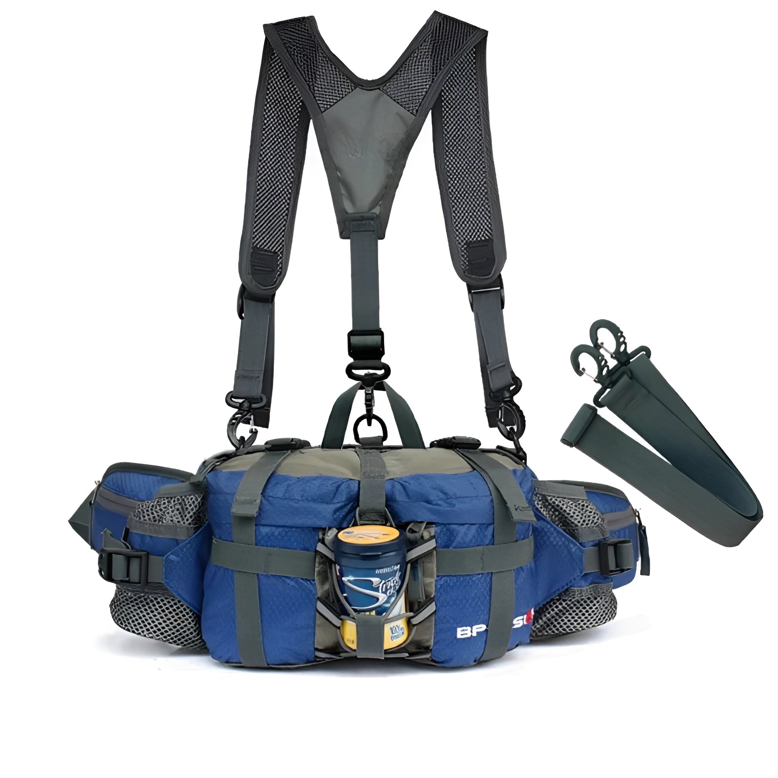 Dark blue insulated multi-pocket fishing bag with cooler, adjustable strap, and logo.