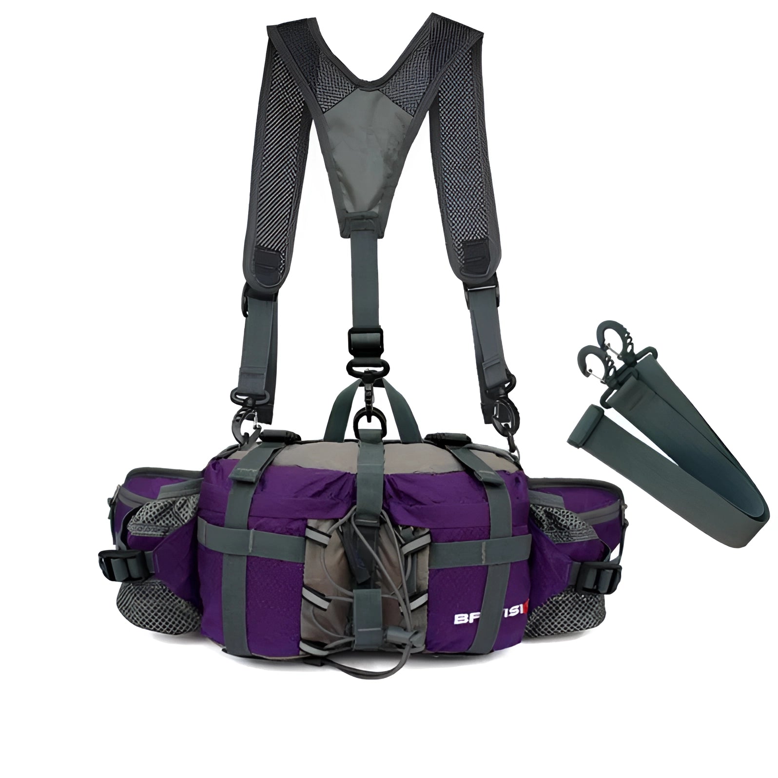 Purple insulated multi-pocket fishing bag with cooler and adjustable strap.