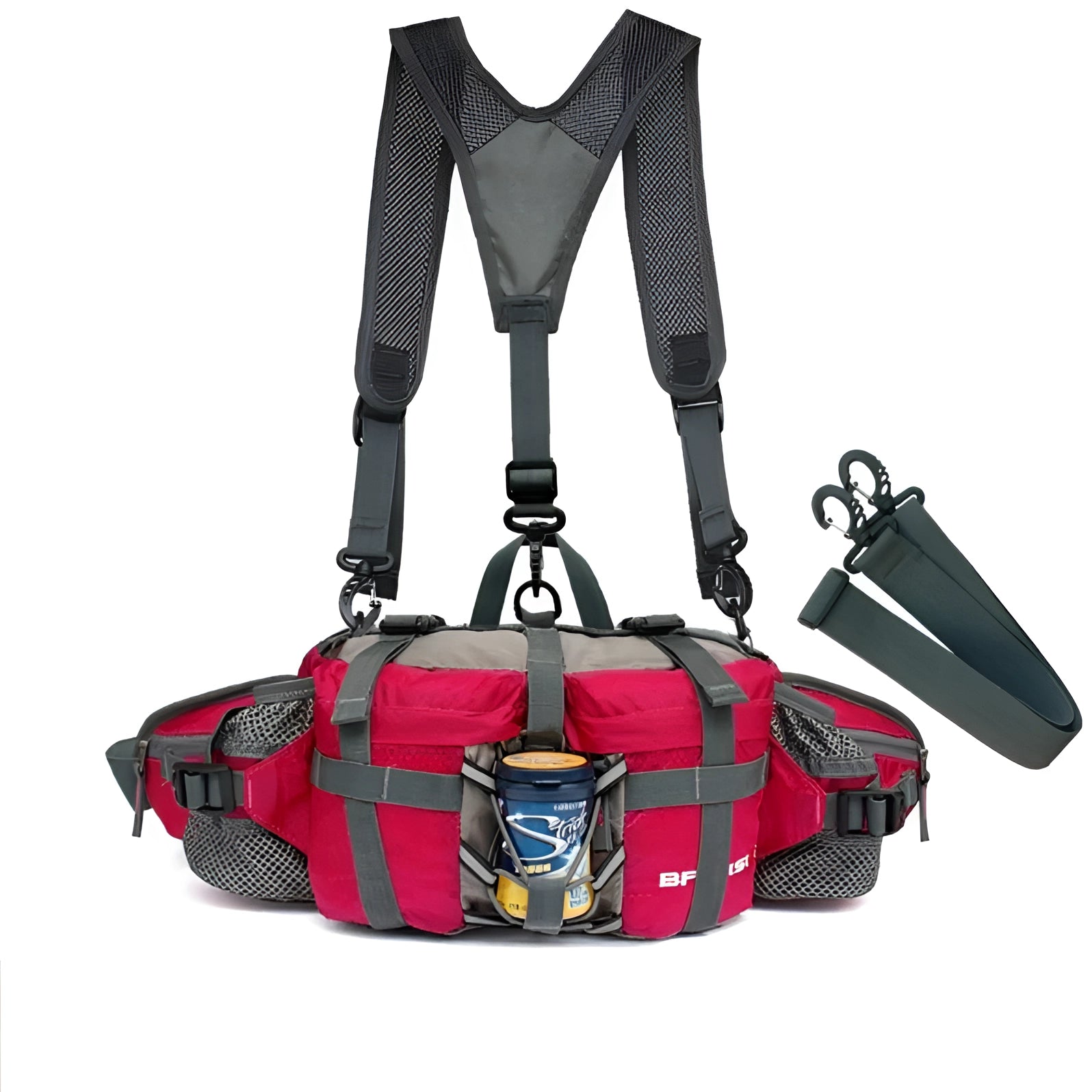 Rose red insulated multi-pocket fishing bag with cooler and adjustable strap, featuring multiple compartments and a stylish design.