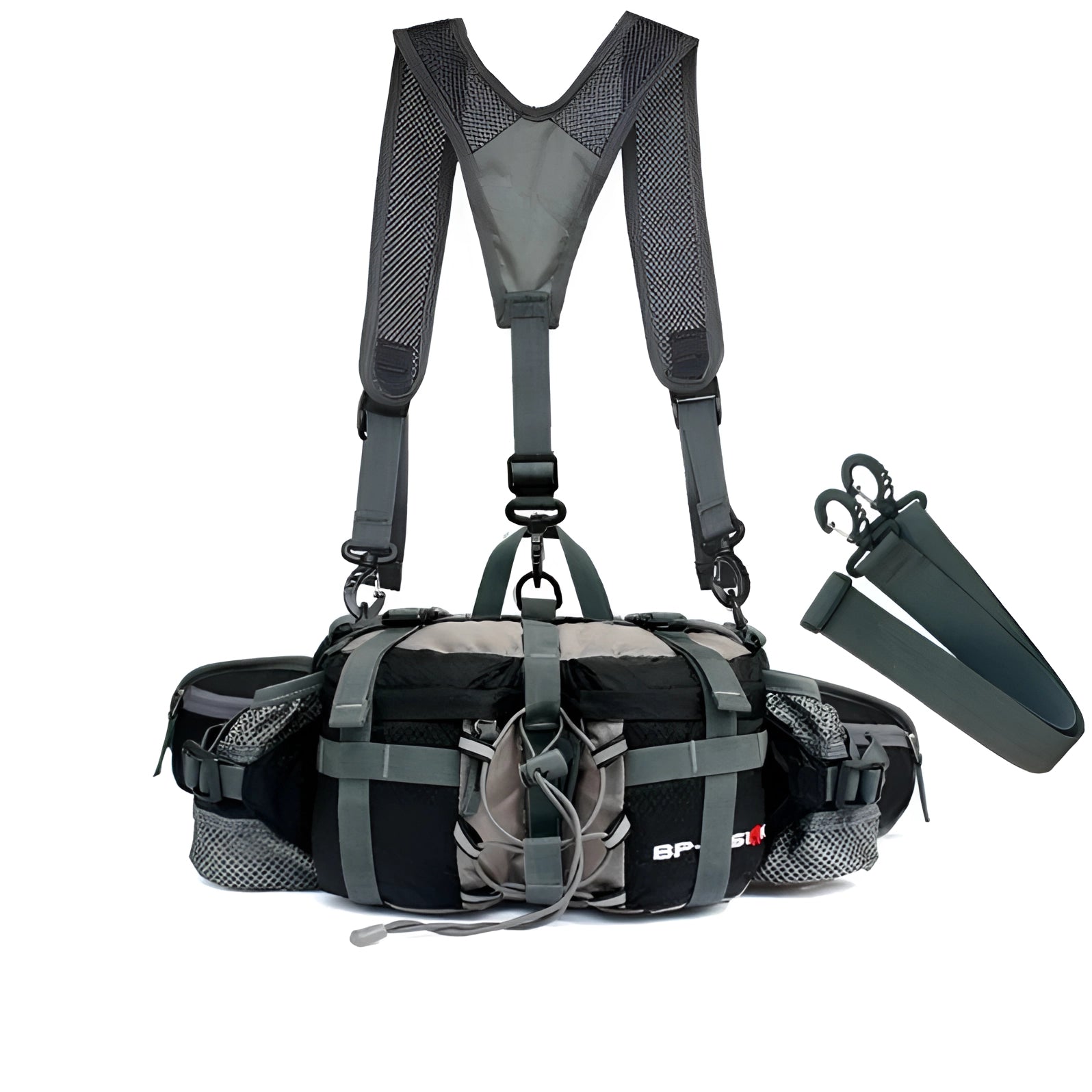 Black Insulated Multi-Pocket Fishing Bag with Cooler and Adjustable Strap displayed against a plain background.