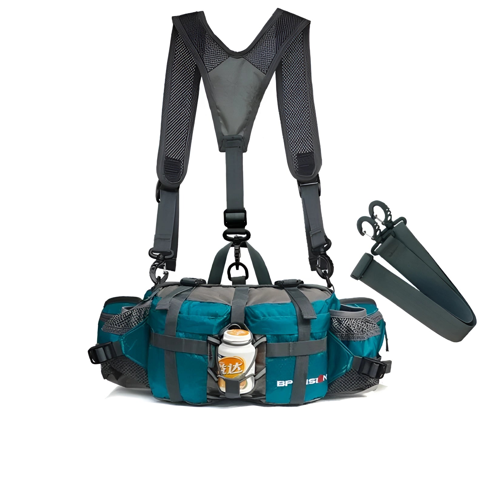 Cyan green insulated multi-pocket fishing bag with cooler and adjustable strap, featuring multiple compartments and a durable design.