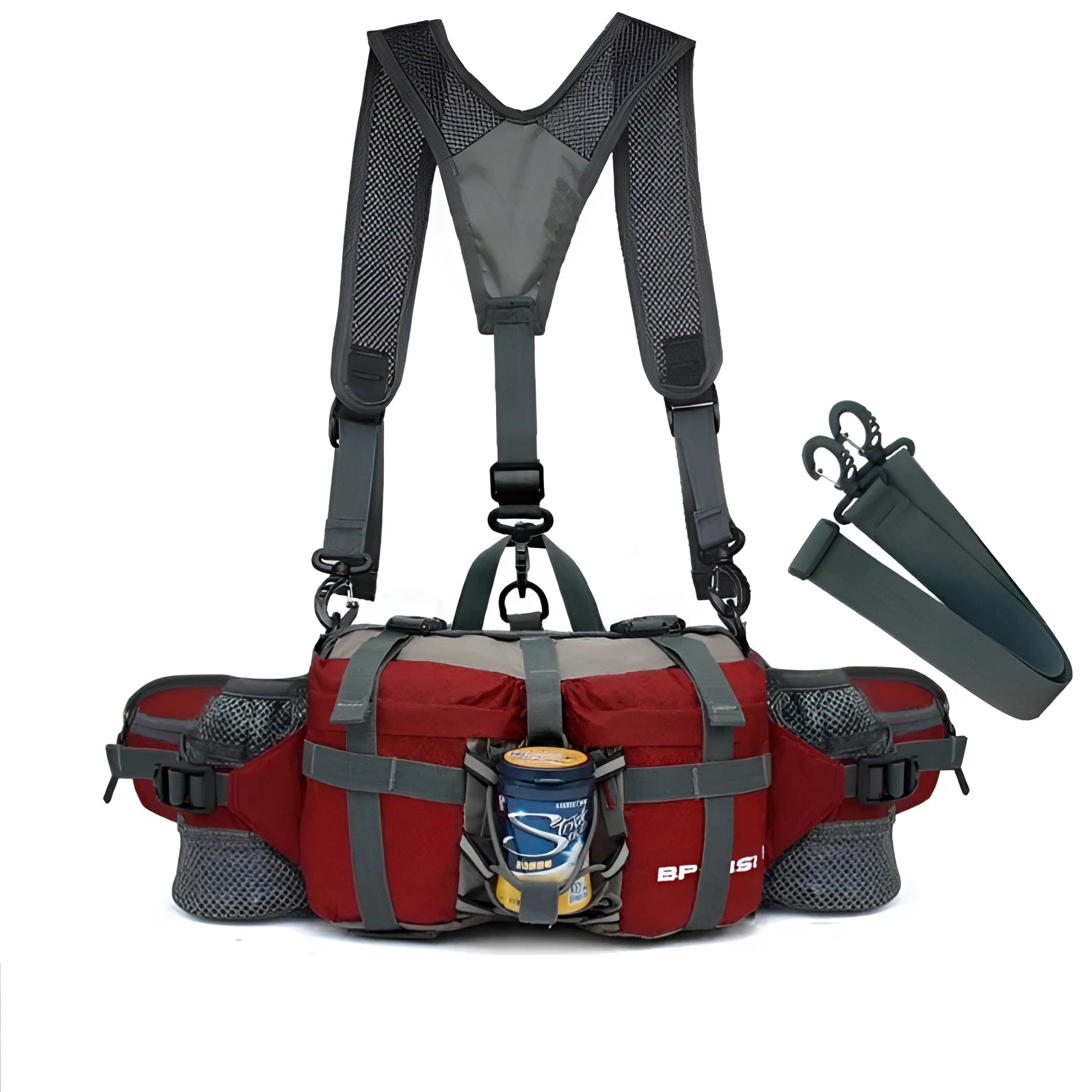 Dark red insulated multi-pocket fishing bag with cooler and adjustable strap.