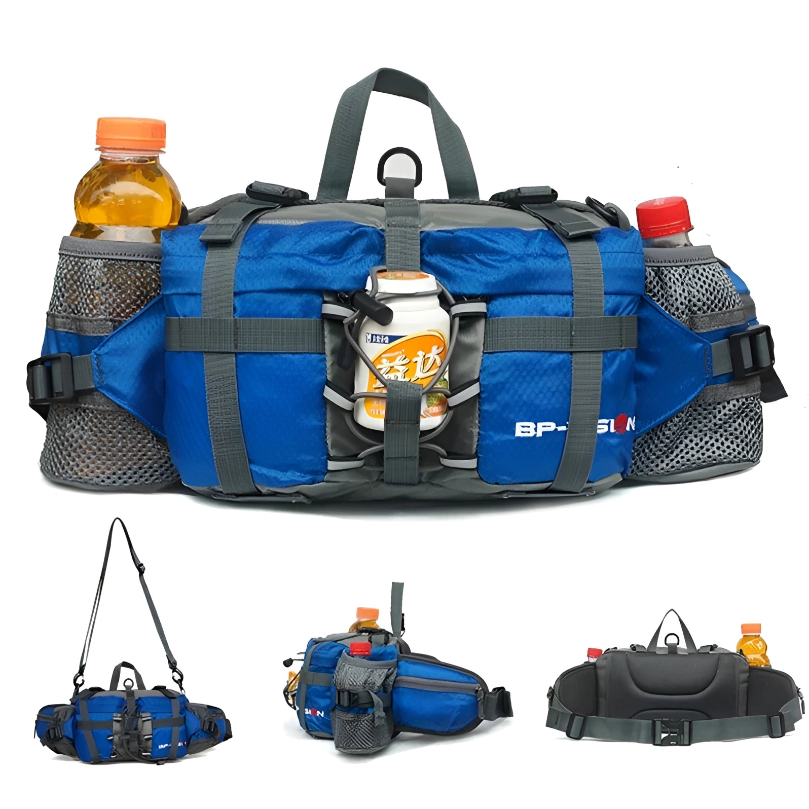 Insulated multi-pocket fishing bag with cooler, adjustable strap, predominantly blue and black with white accents.