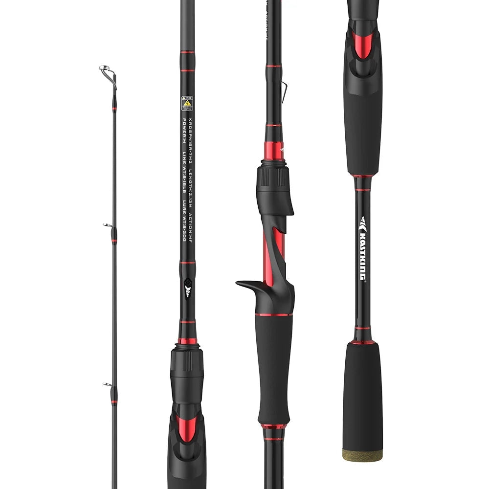 A person holding a KastKing Brutus Lightweight Carbon Fiber Fishing Rod with a high sensitivity ergonomic handle.