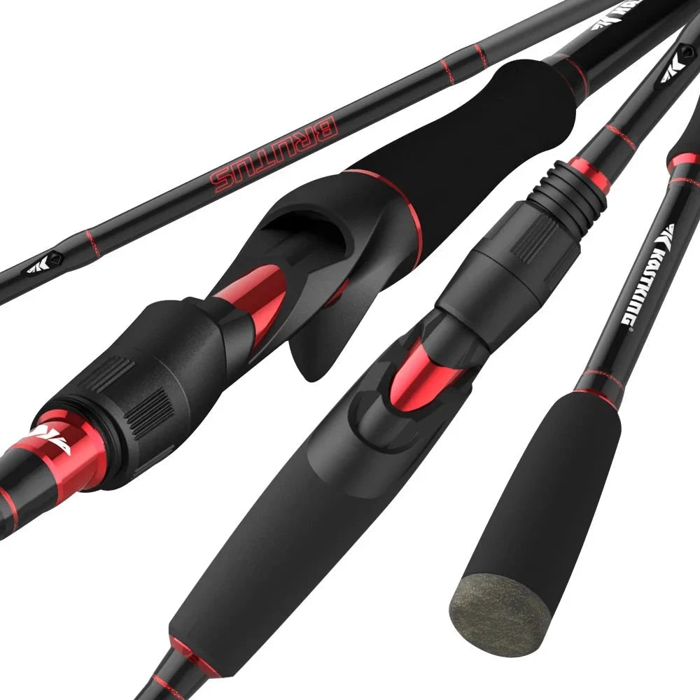 KastKing Brutus lightweight carbon fiber fishing rod with high sensitivity and ergonomic handle, showcasing sleek design and durable materials.