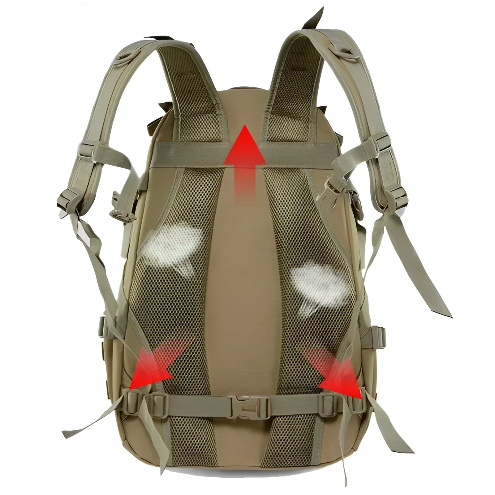 Khaki tactical backpack featuring a durable military design with a Molle system, ideal for outdoor adventures and carrying personal protective equipment.