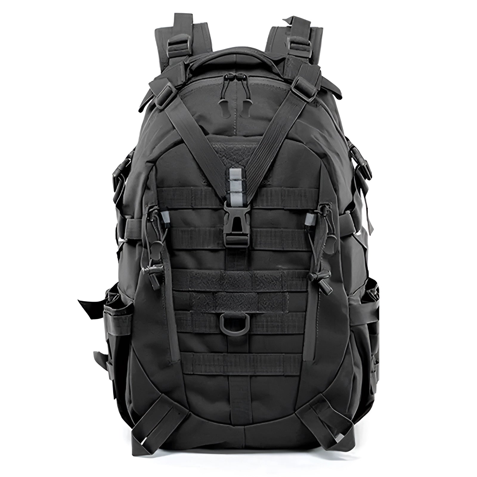 Black tactical backpack featuring a durable military design with Molle system, suitable for outdoor use.