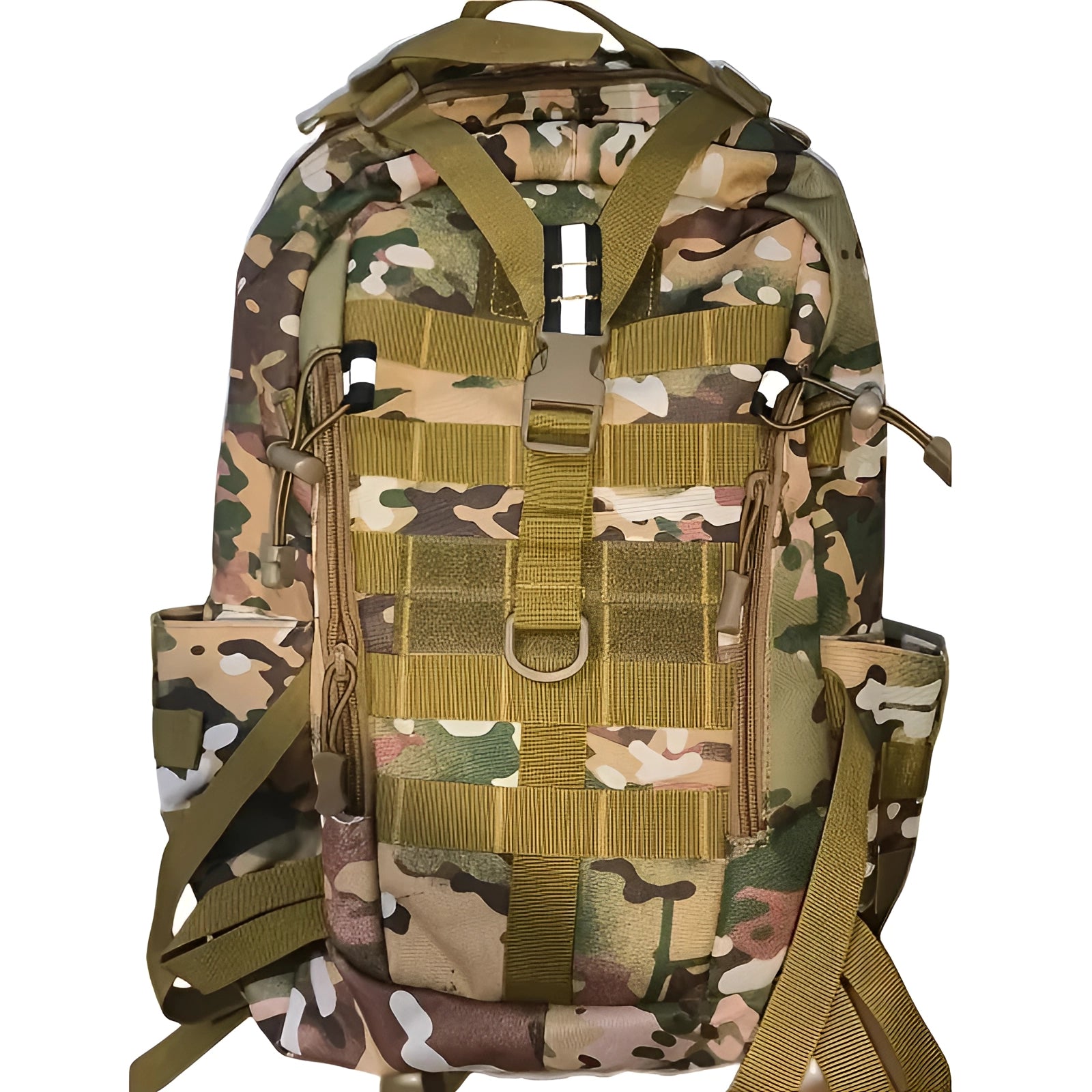 Khaki tactical backpack with a camouflage pattern, featuring a durable construction and Molle system for military use, displayed against a natural outdoor setting.