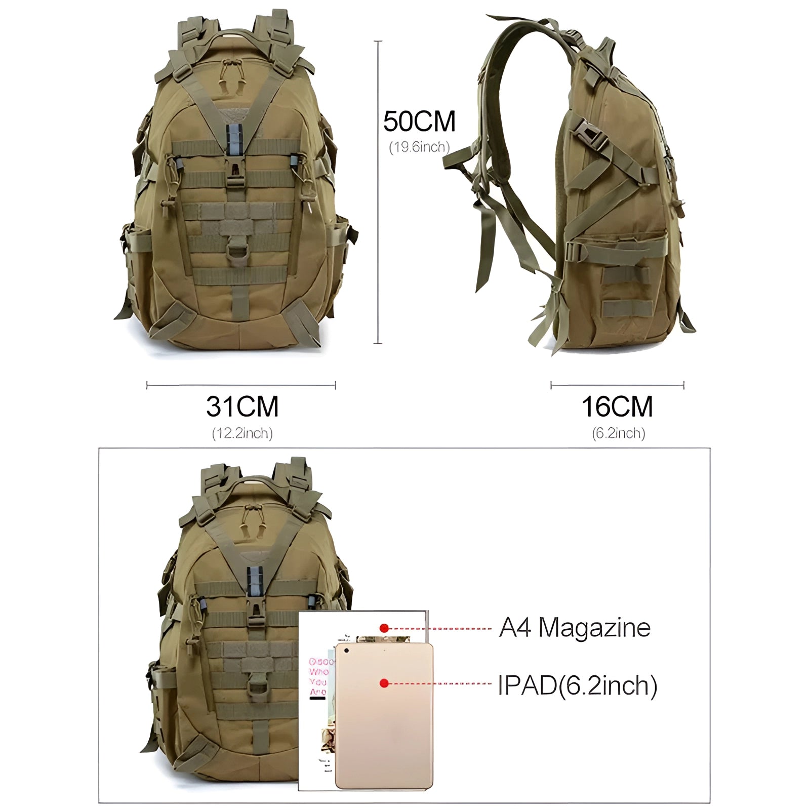 Khaki tactical backpack featuring a durable military design with a versatile Molle system for attachment, showcasing a rugged and functional style ideal for outdoor adventures.