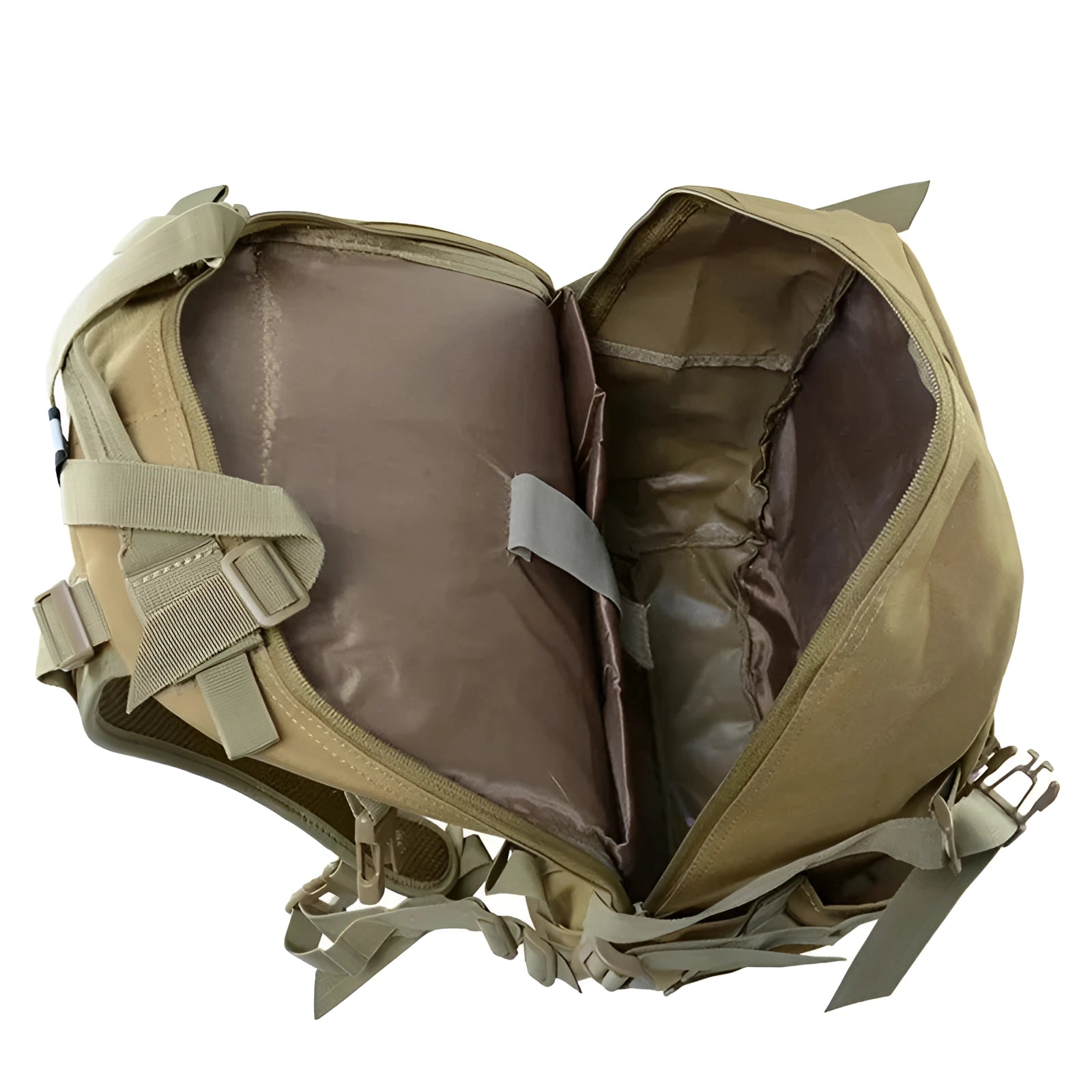 Khaki tactical backpack featuring a durable military rucksack design with a Molle system, showcasing a brown color with metal accents and a rugged pattern.