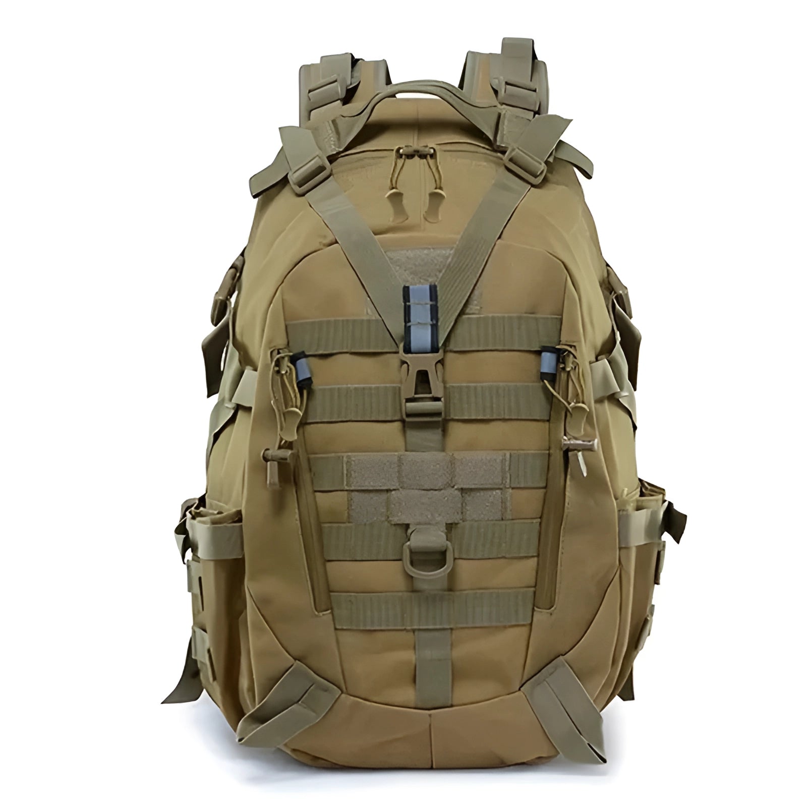 Khaki tactical backpack with Molle system featuring a durable, beige fabric, multiple compartments, and metal hardware, suitable for military use or outdoor activities.