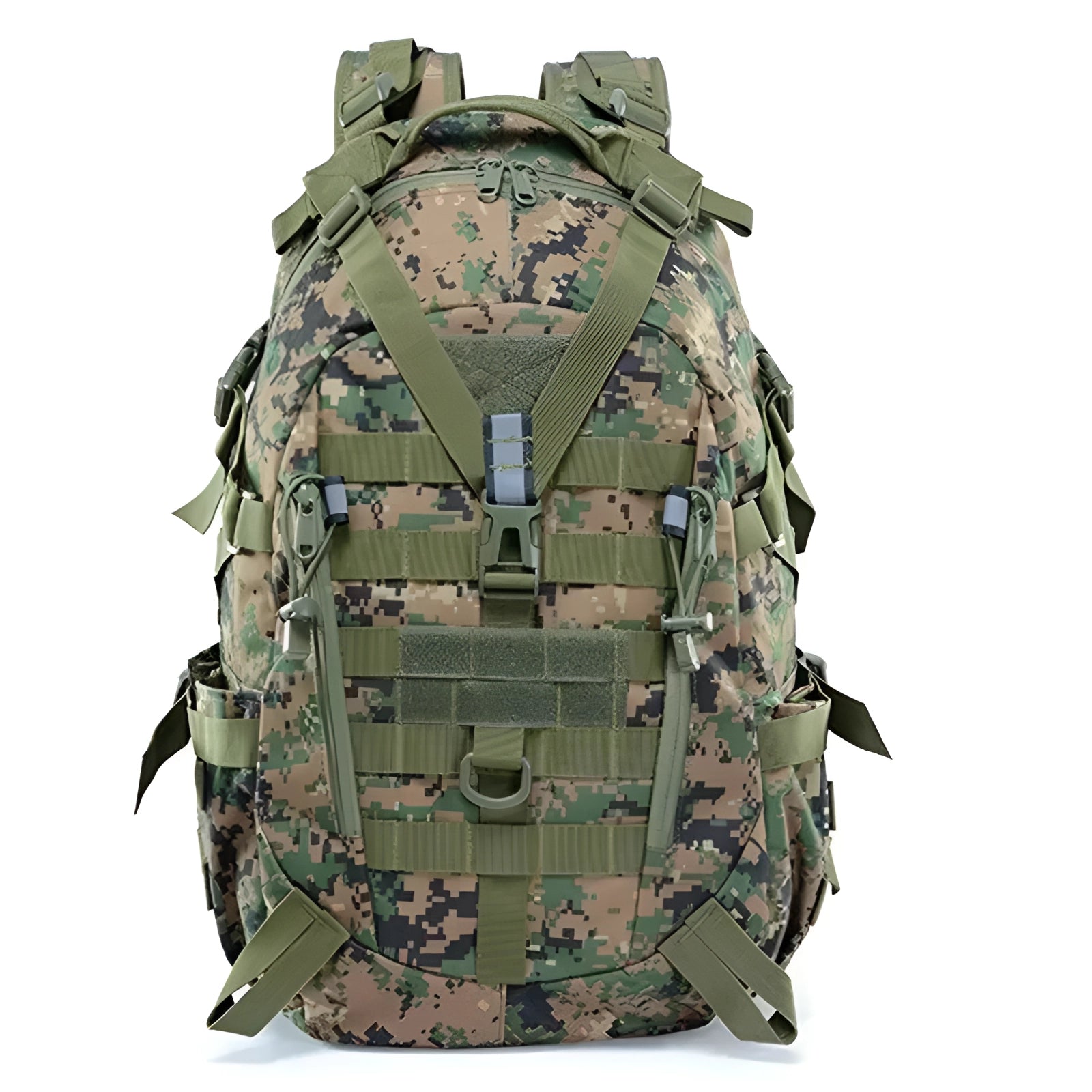 Khaki tactical backpack in jungle digital camouflage pattern featuring a durable design with a Molle system, suitable for military or outdoor use.