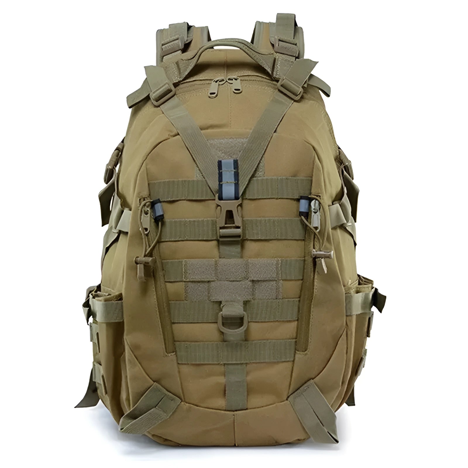 Khaki Tactical Backpack with Molle System featuring a durable military design in beige color, showcasing a rugged and versatile style suitable for outdoor or tactical use.