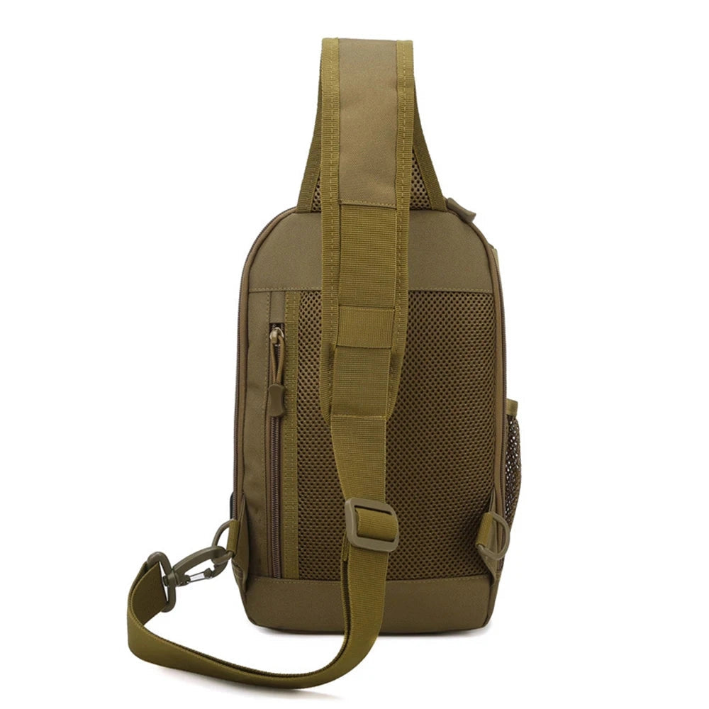 Khaki tactical sling bag designed with multiple compartments, featuring a USB charging port and water-resistant material, suitable for military and outdoor use.