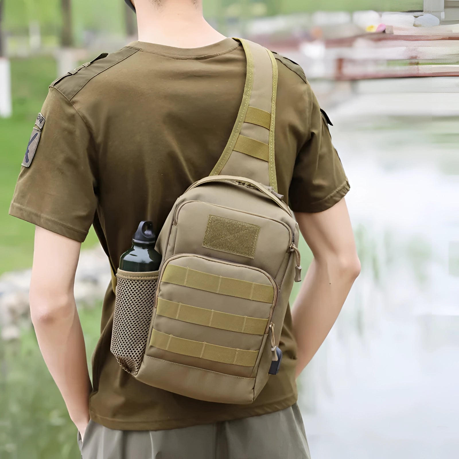 Khaki tactical sling bag with military camouflage pattern, featuring adjustable shoulder strap, USB port, and water-resistant material.