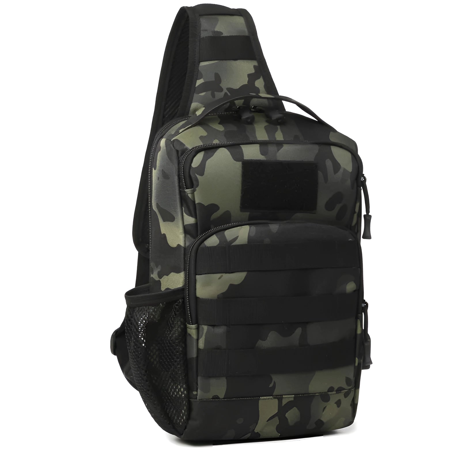 Black CP Khaki Tactical Sling Bag featuring a military-style design with camouflage pattern, equipped with USB port and water-resistant material, ideal for travel and outdoor use.