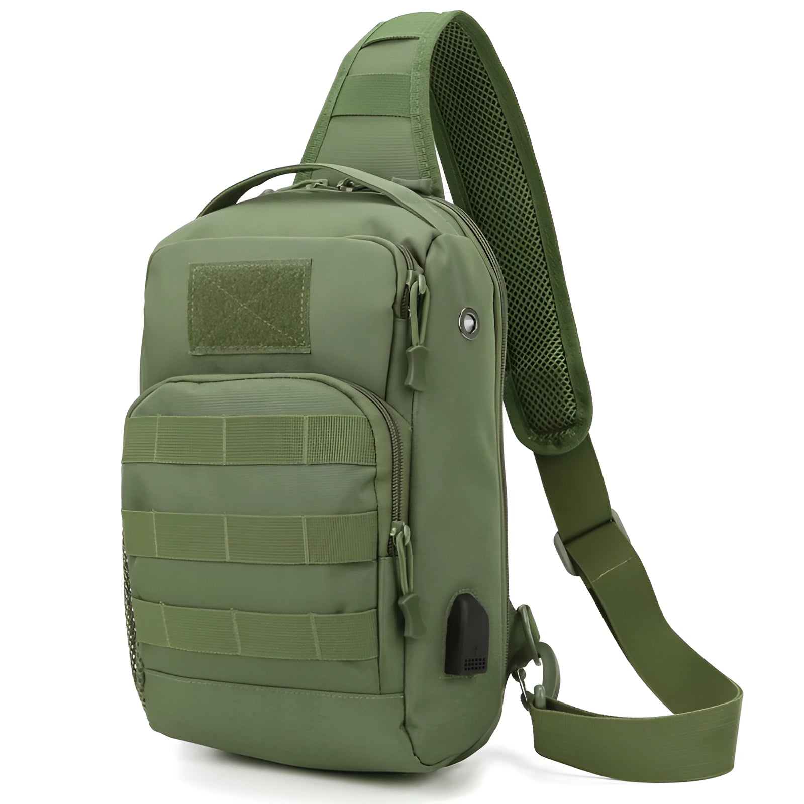 Army green tactical sling bag designed as a military-style backpack, featuring a USB port and water-resistant material, ideal for travel and everyday use.