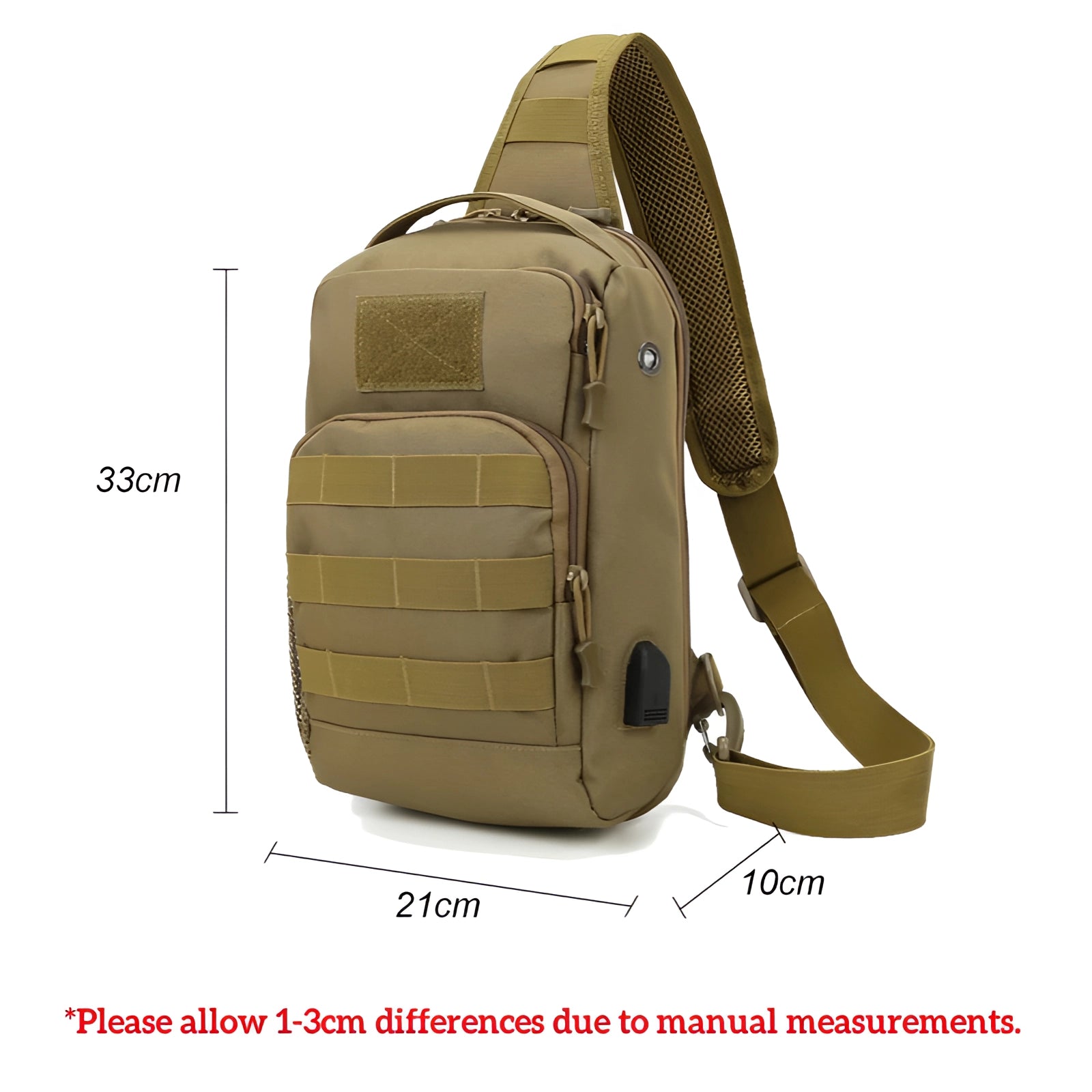 Khaki tactical sling bag designed as a military backpack with USB port and water-resistant features, showcasing a beige color with a sturdy handle and rectangular shape, ideal for travel and as a fashionable accessory.