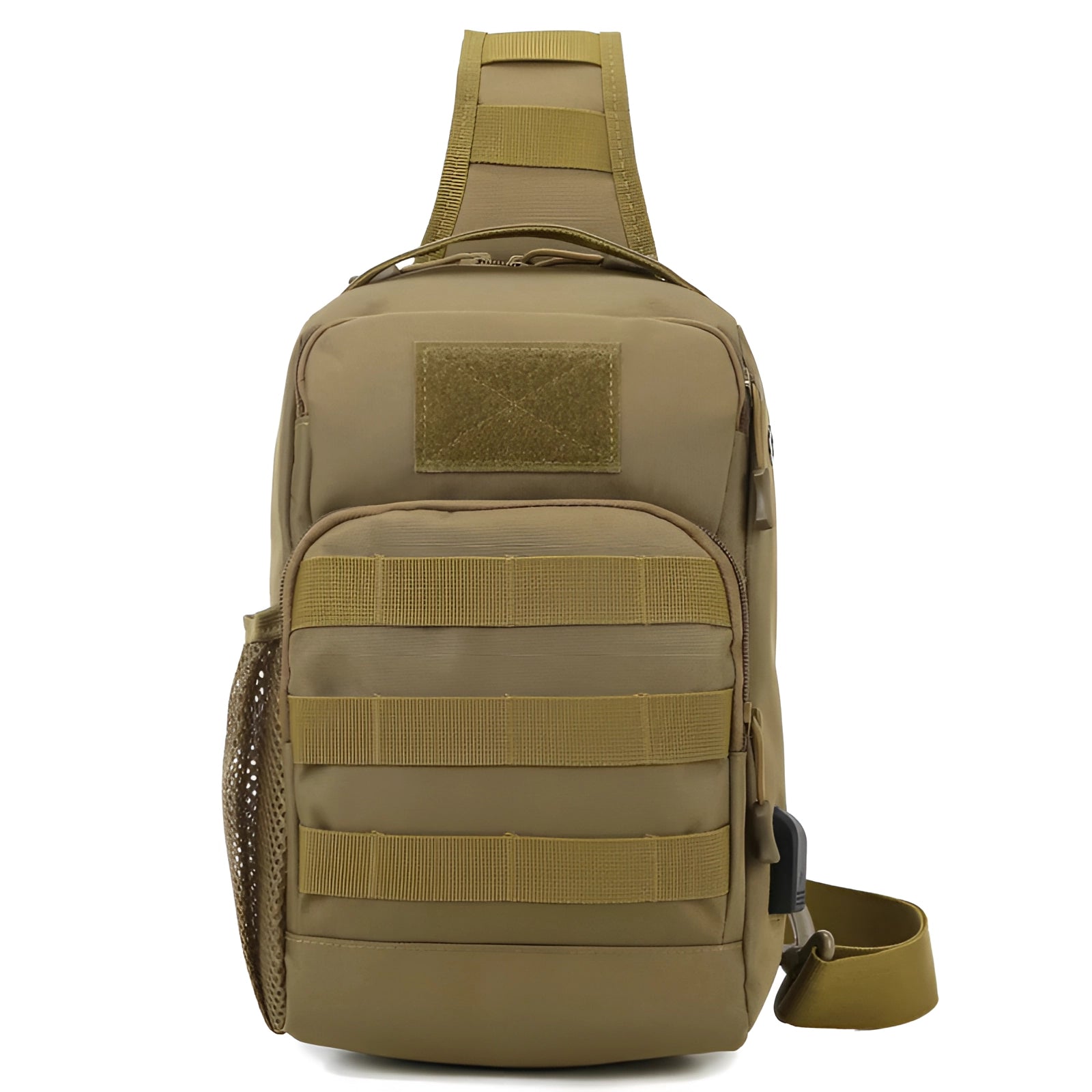 Khaki tactical sling bag featuring a military-style design with USB port, water-resistant fabric, and multiple compartments, suitable for outdoor activities or travel.