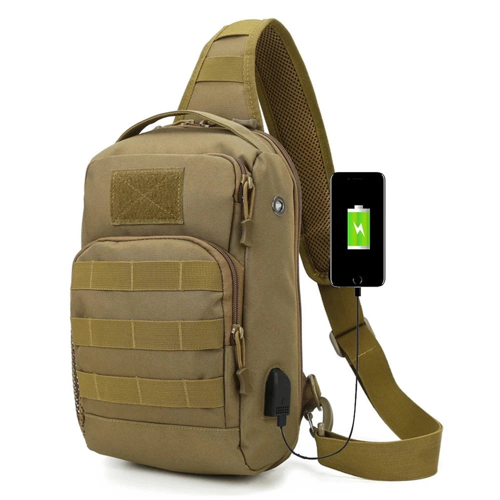 Khaki tactical sling bag designed as a military backpack with a USB port and water-resistant material, featuring a single strap.