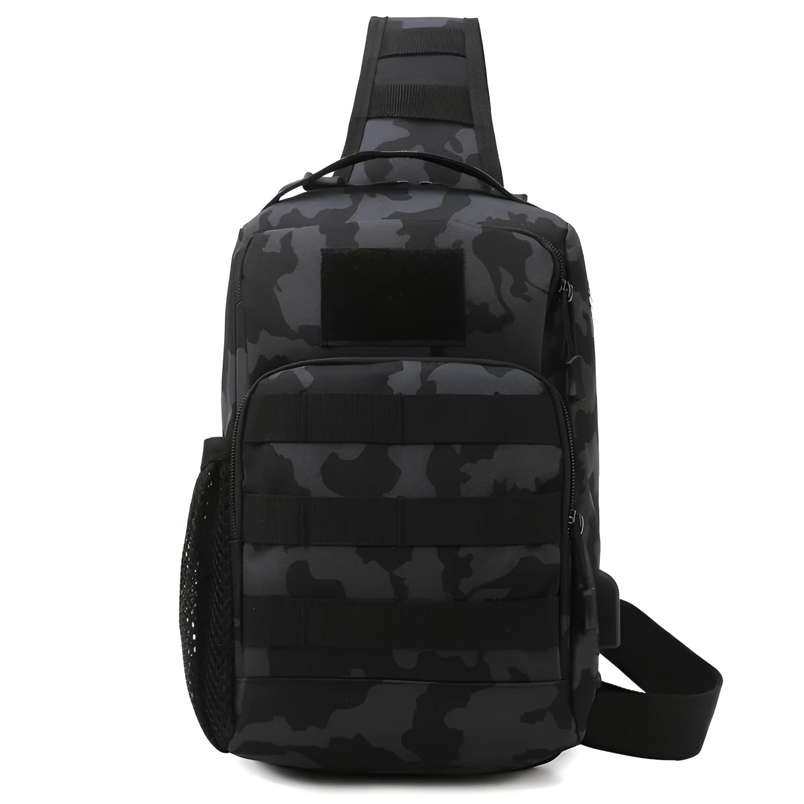 
Black camo tactical sling bag designed for military use, featuring a USB port and water-resistant material, displayed against a background with a tire pattern.