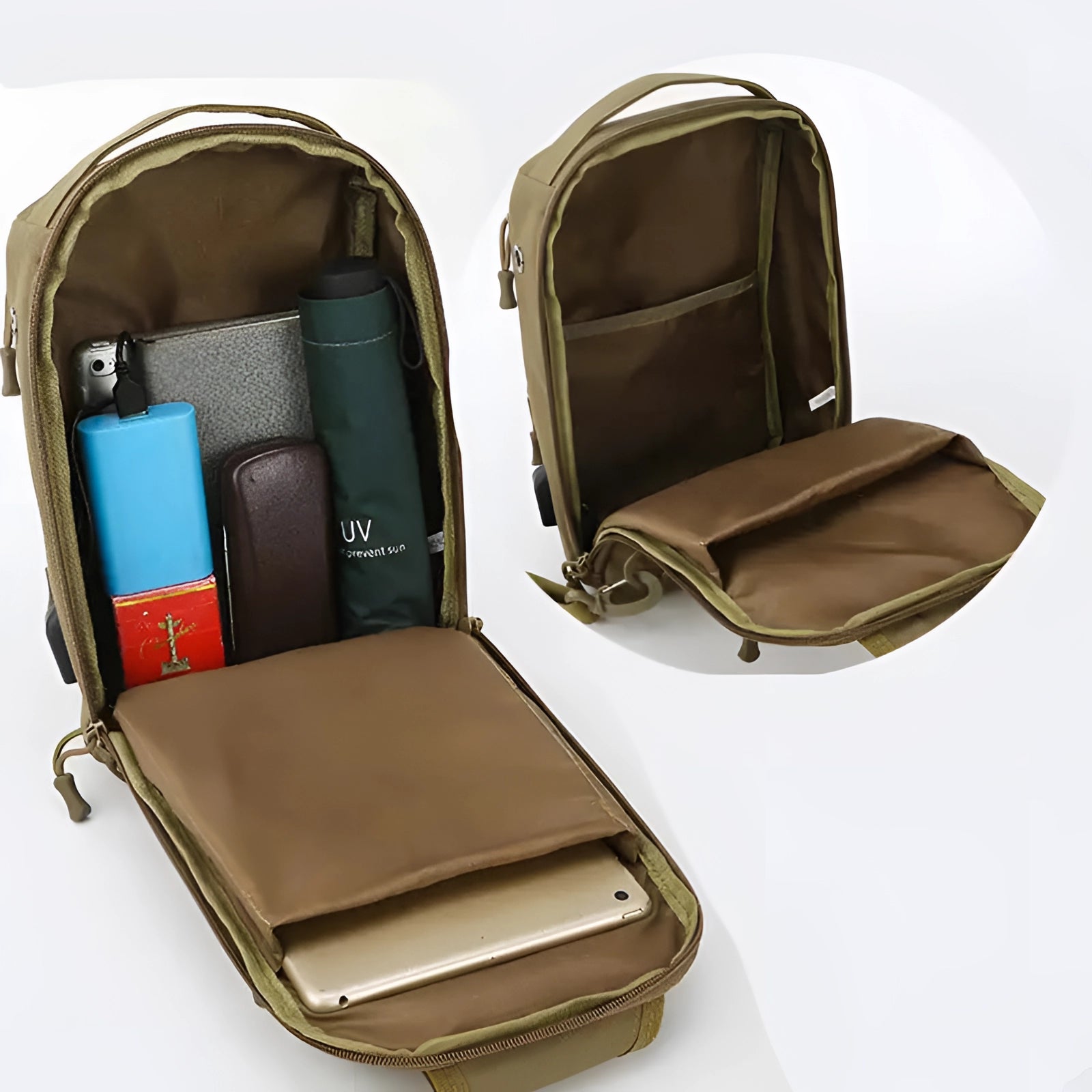 Khaki tactical sling bag designed as a military backpack featuring a USB port and water-resistant material, styled in a rectangular shape with brown and metallic elements, displayed on a chair.