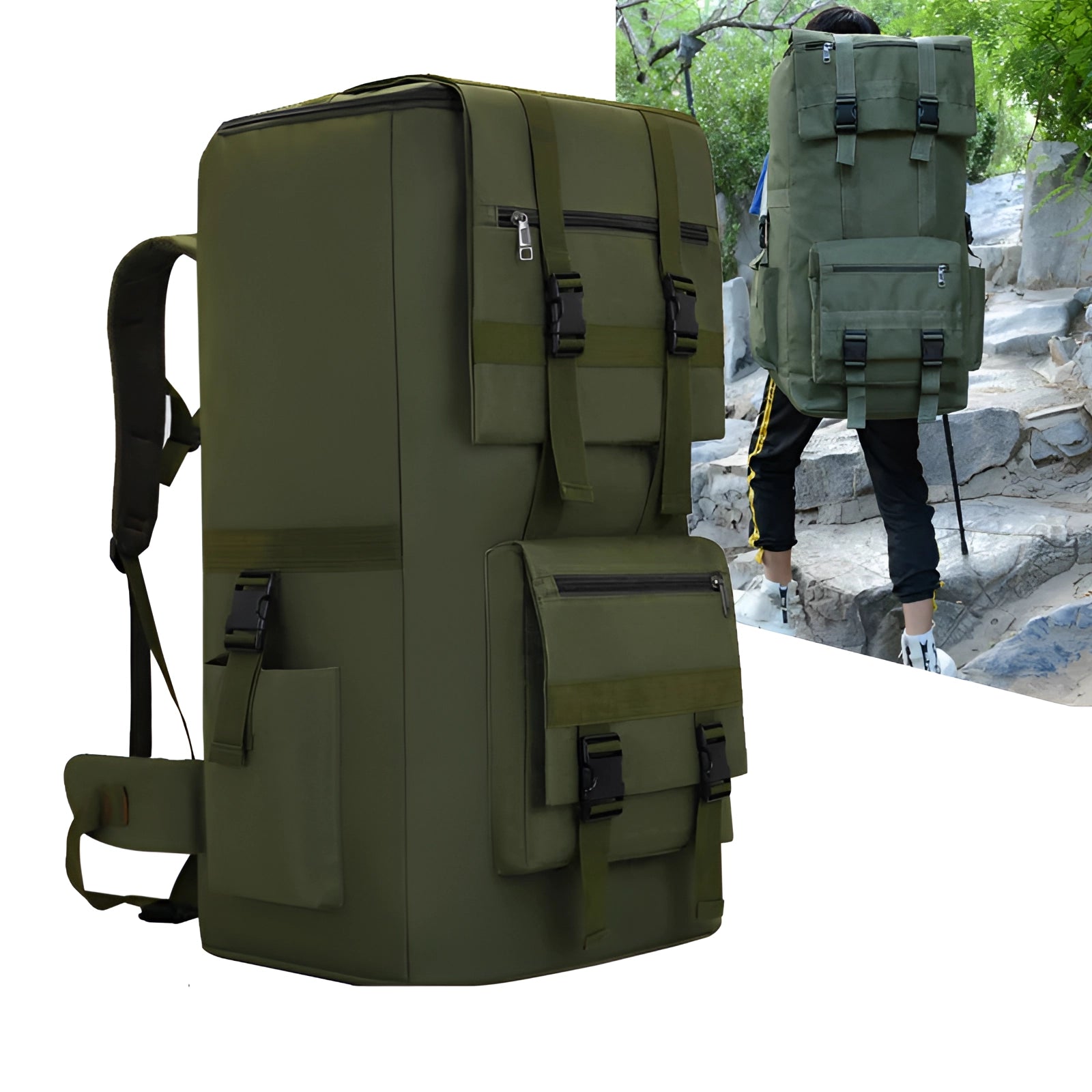 Large capacity military tactical backpack featuring a durable, water-resistant design with camouflage pattern, resembling military gear, suitable for outdoor activities and tactical missions.